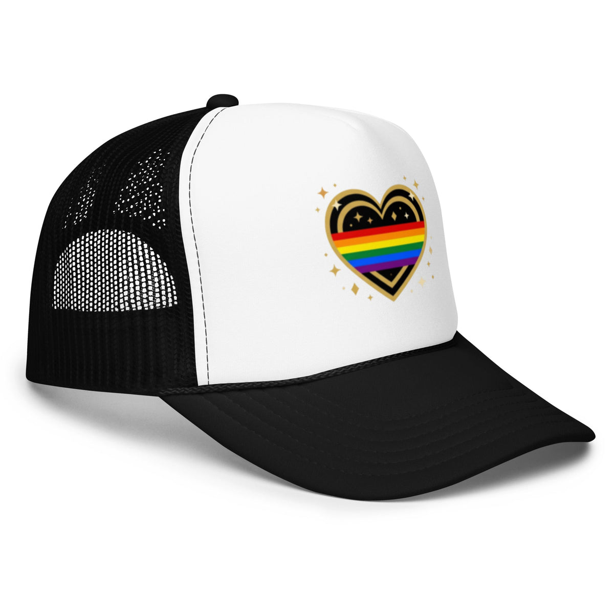 Flaunt It foam trucker hat with a white front panel featuring a rainbow heart motif and black mesh back and visor.