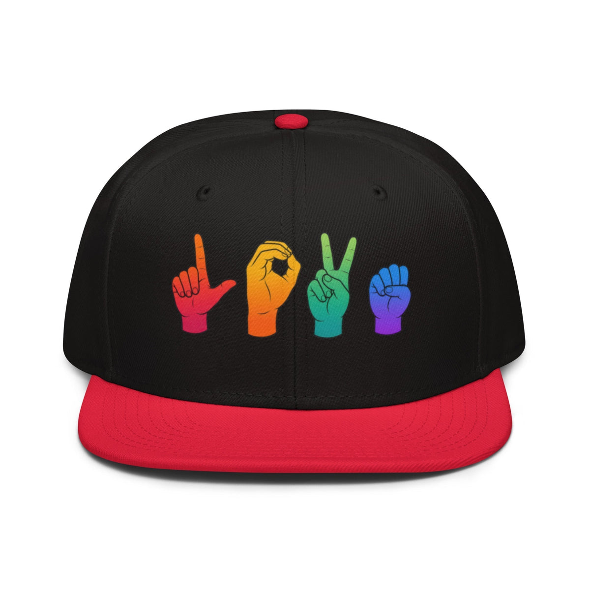 Flaunt It black snapback cap with a rainbow LOVE American Sign Language hand gesture graphic on the front