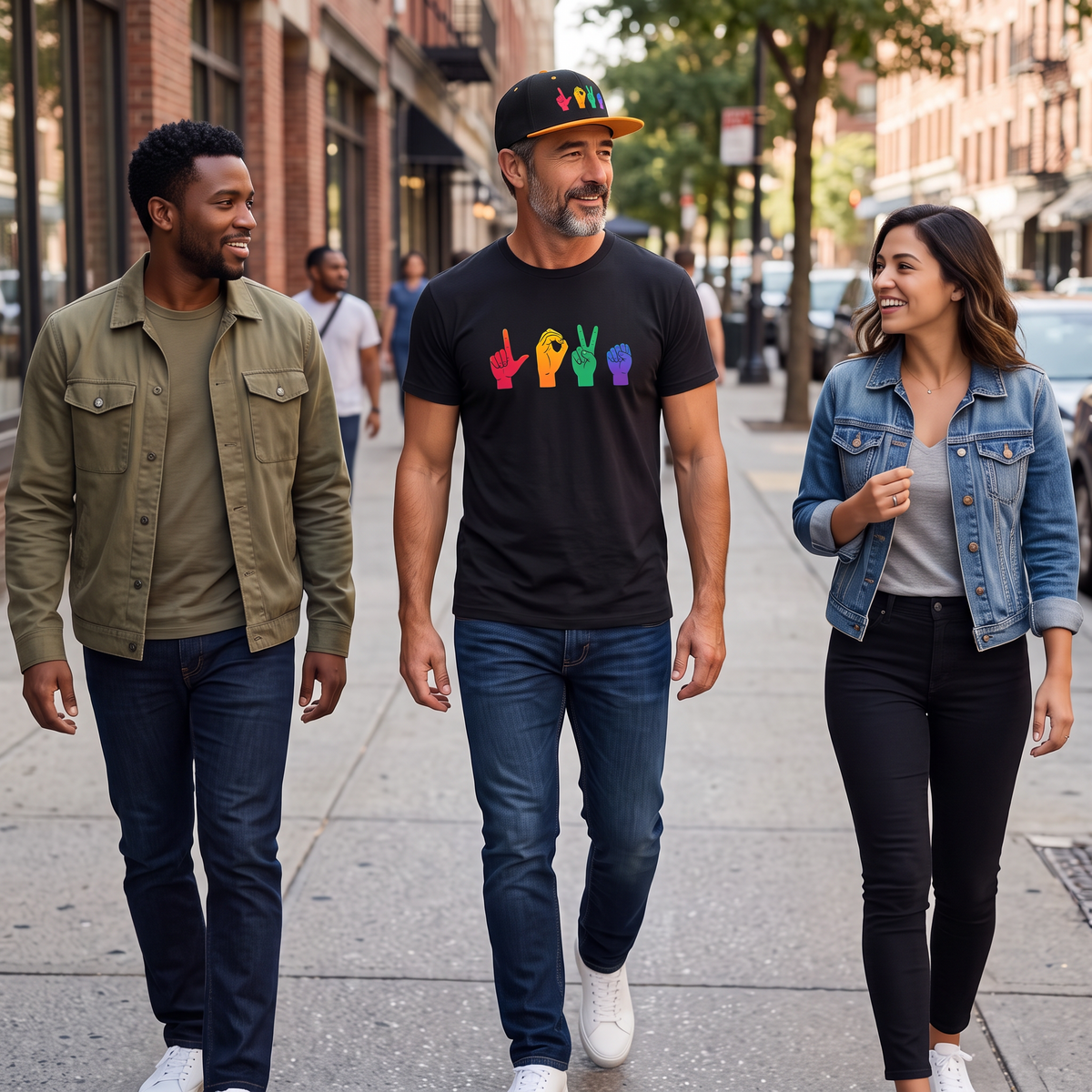 Flaunt It rainbow LOVE ASL snapback cap worn by a man walking on a city street with friends.