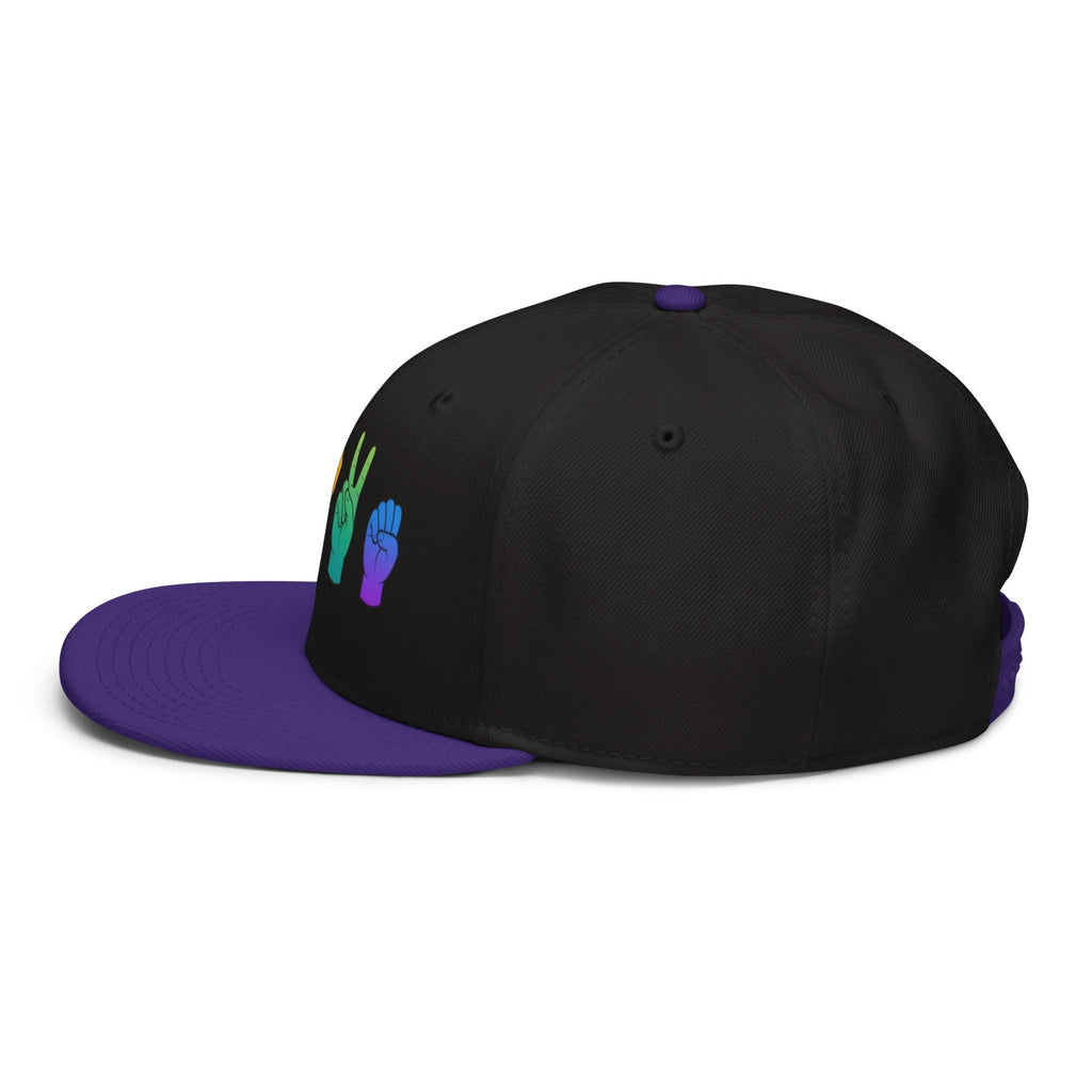 Flaunt It black snapback cap with a rainbow LOVE American Sign Language hand gesture embroidery and purple visor.