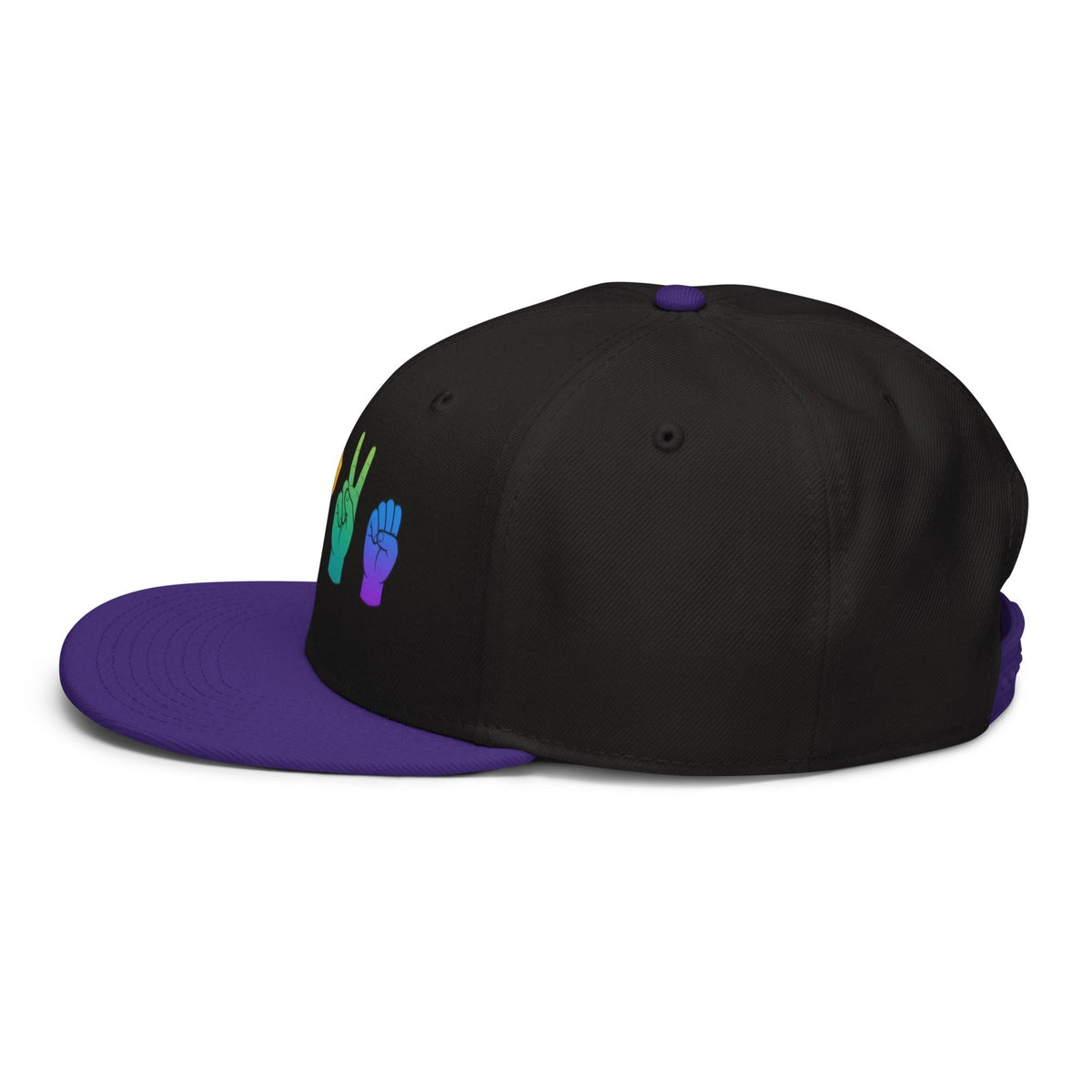 Flaunt It black snapback cap with a rainbow LOVE American Sign Language hand gesture embroidery and purple visor.