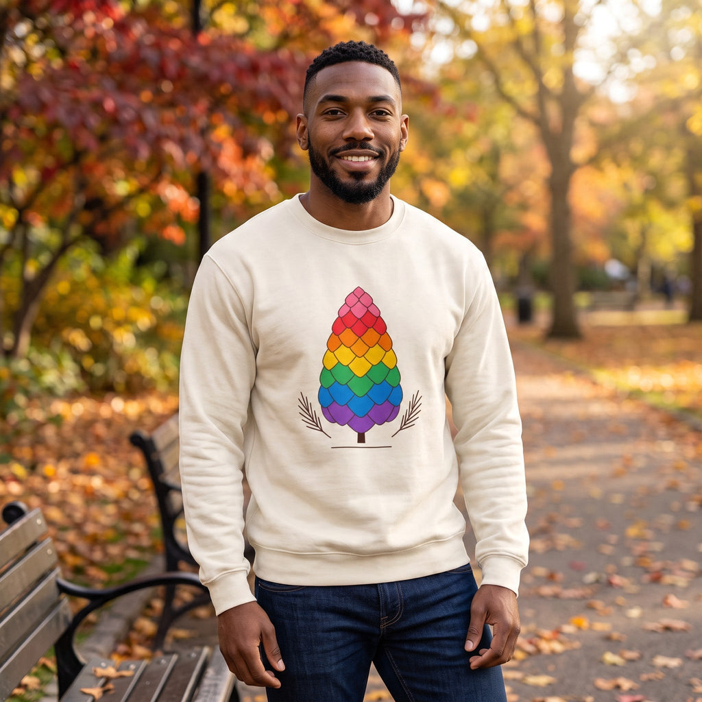 Flaunt It heavyweight long sleeve shirt with a rainbow pinecone graphic, worn by a man in an autumn park.