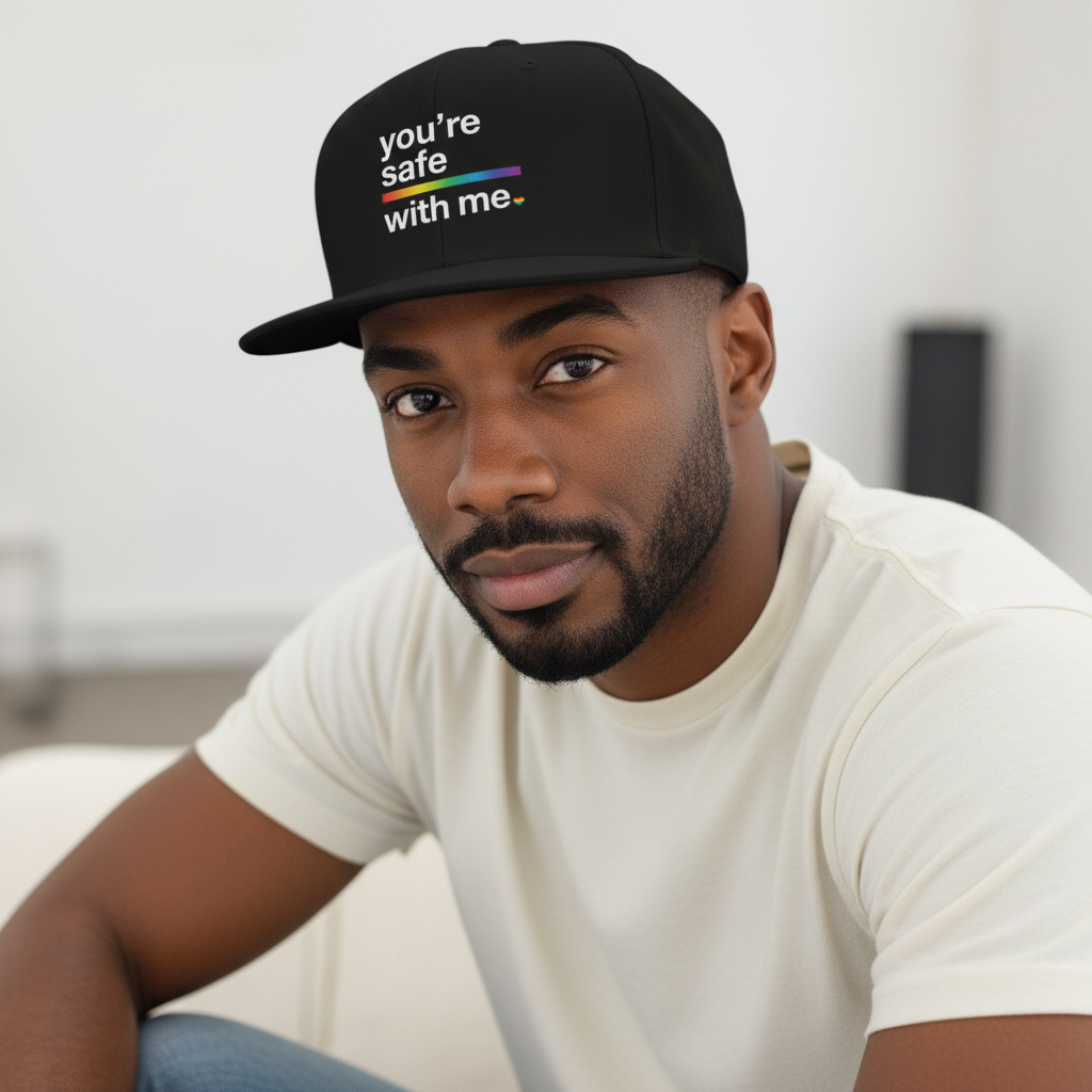 Flaunt It black snapback cap with You're Safe With Me rainbow text worn by a man in a white t-shirt