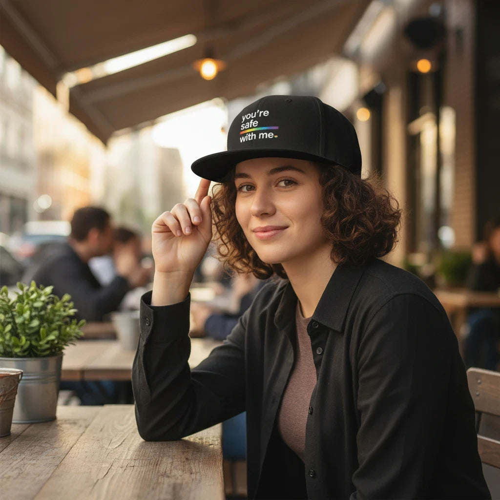 Flaunt It structured black snapback cap with rainbow You're Safe With Me text worn by a woman at an outdoor cafe