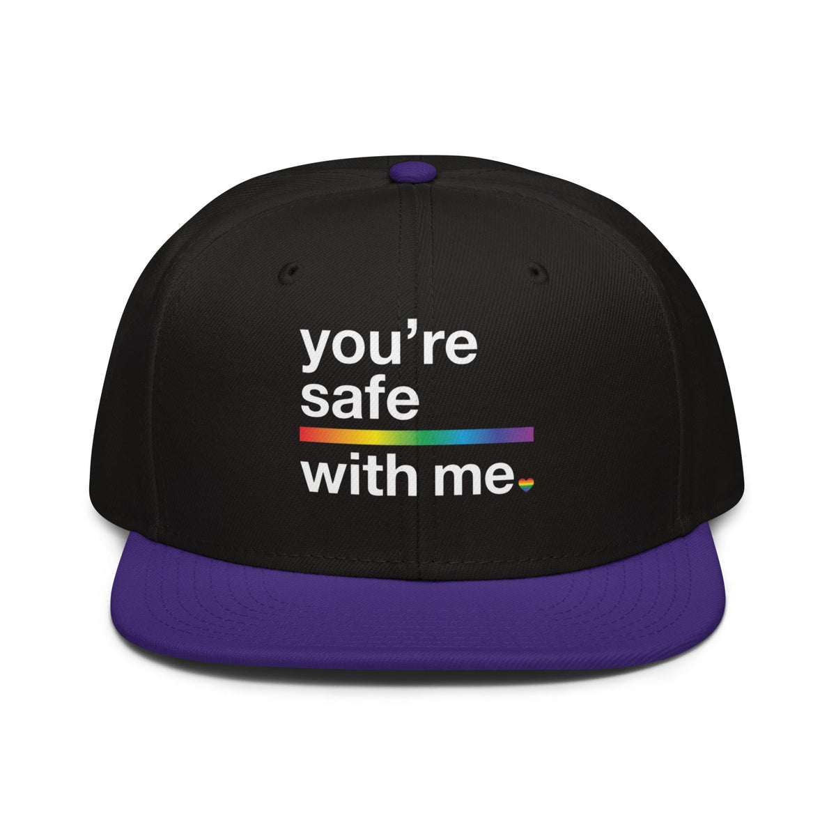 Flaunt It structured snapback cap in black and purple with You're Safe With Me rainbow graphic text