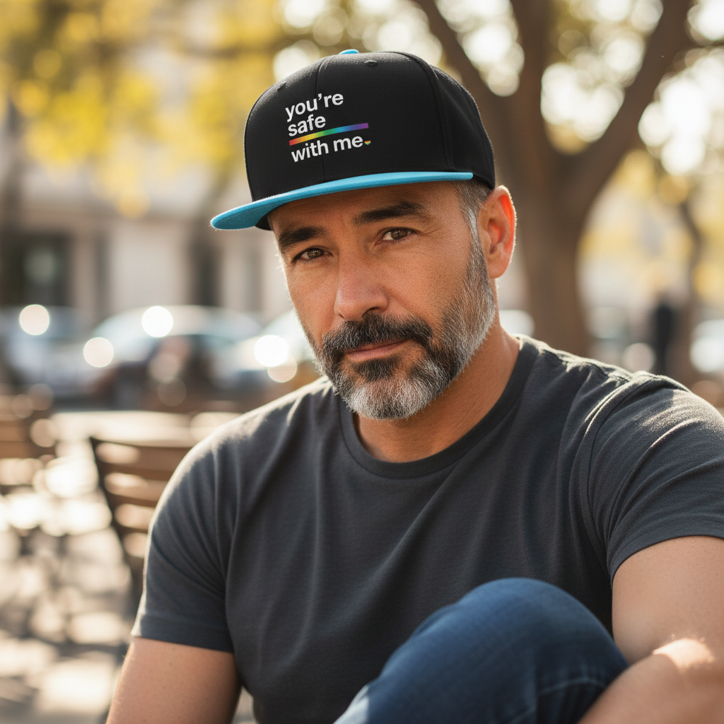 Flaunt It structured snapback cap in black with a rainbow You're Safe With Me graphic worn by a bearded man outdoors.