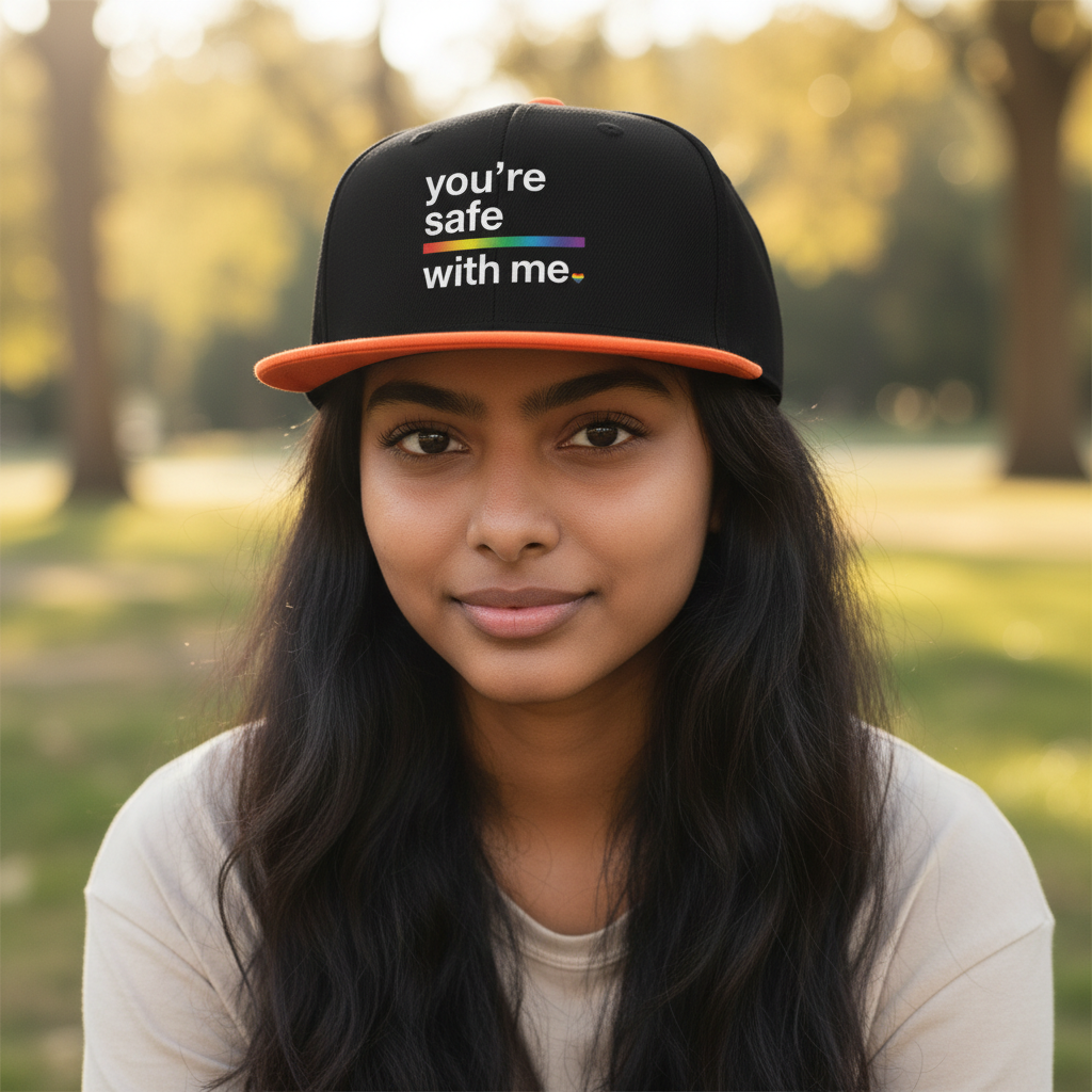Flaunt It structured snapback cap in black with an orange brim and You're Safe With Me rainbow graphic text
