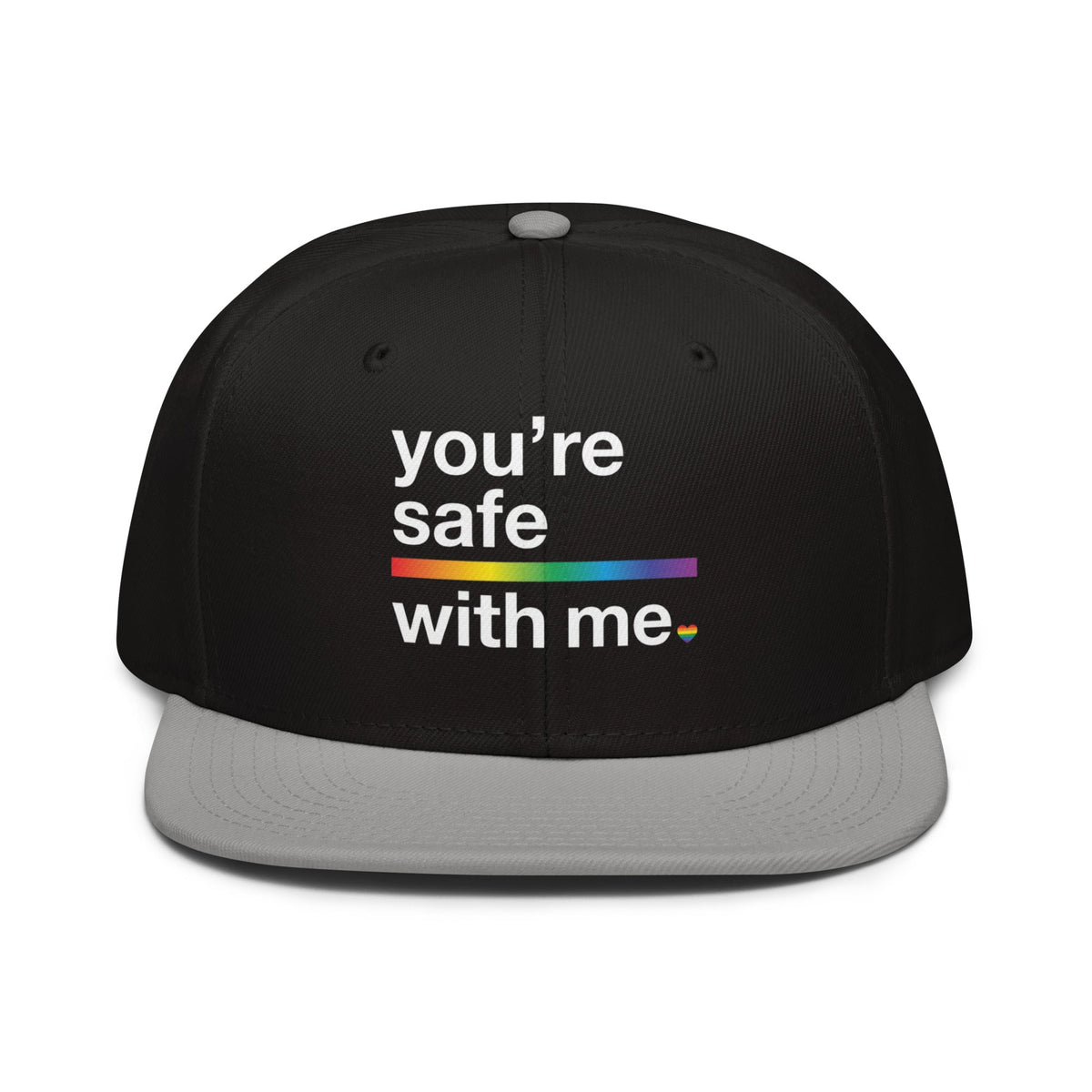 Flaunt It structured snapback cap in black with a grey visor and You're Safe With Me rainbow graphic text.