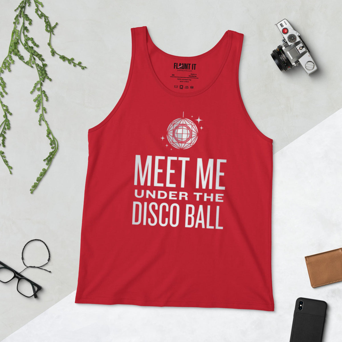 Flaunt It red cotton tank top featuring a white disco ball graphic and Meet Me Under the Disco Ball text