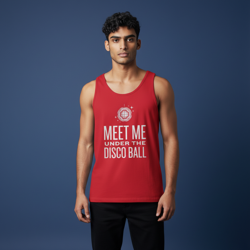 Flaunt It red cotton tank top featuring a white disco ball graphic and Meet Me Under the Disco Ball text on a man