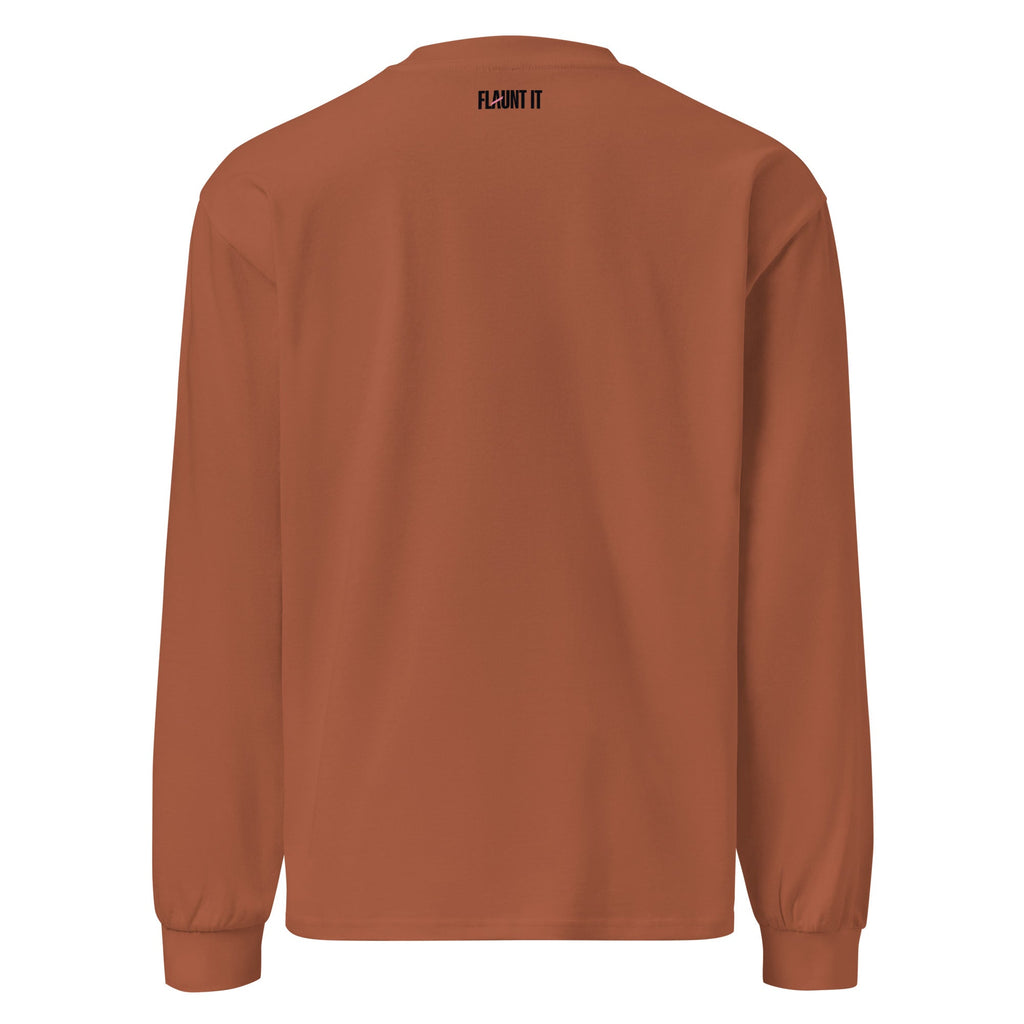 Back view of a Flaunt It heavyweight cotton long sleeve shirt in a solid rust brown color with a small logo.