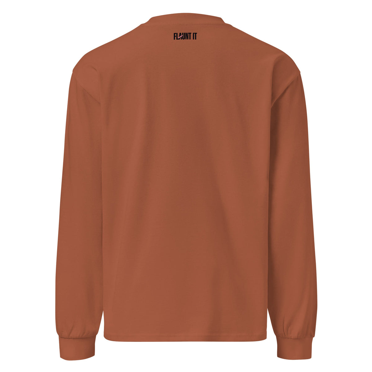 Back view of a Flaunt It heavyweight cotton long sleeve shirt in a solid rust brown color with a small logo.