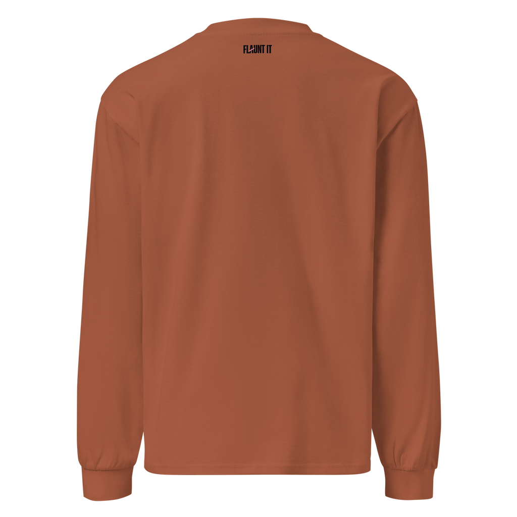 Flaunt It heavyweight long sleeve shirt in rust brown, back view with brand logo at the neck.