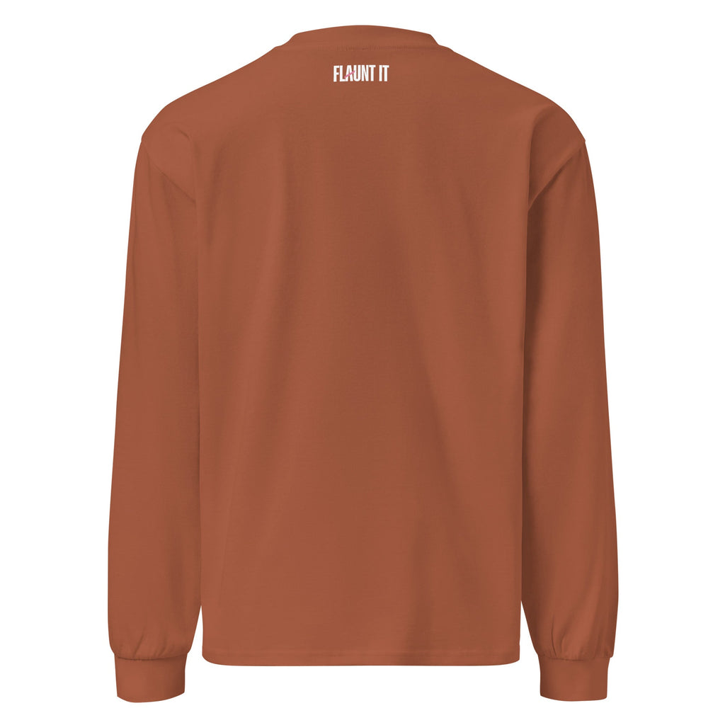 Back view of Flaunt It heavyweight cotton long sleeve shirt in rust brown with white brand logo at the neckline.