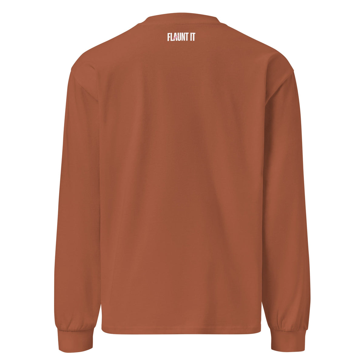 Back view of Flaunt It heavyweight cotton long sleeve shirt in rust brown with white brand logo at the neckline.
