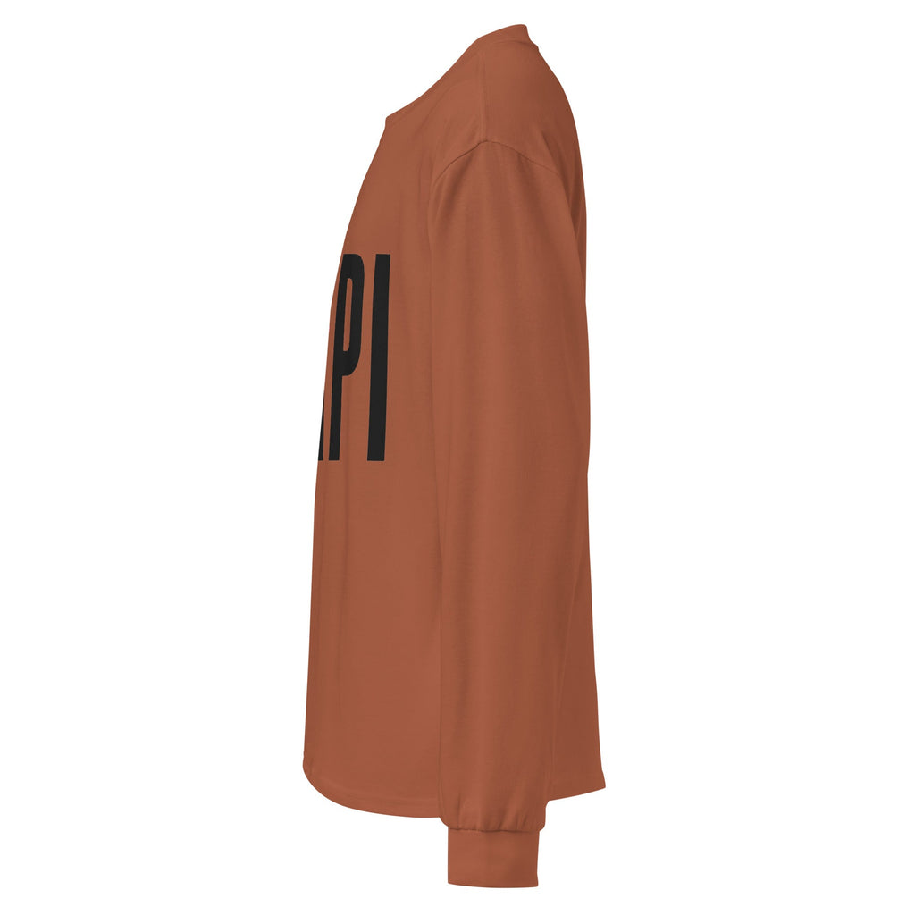 Flaunt It heavyweight cotton long sleeve shirt in rust orange with black PAPI graphic text, side view.