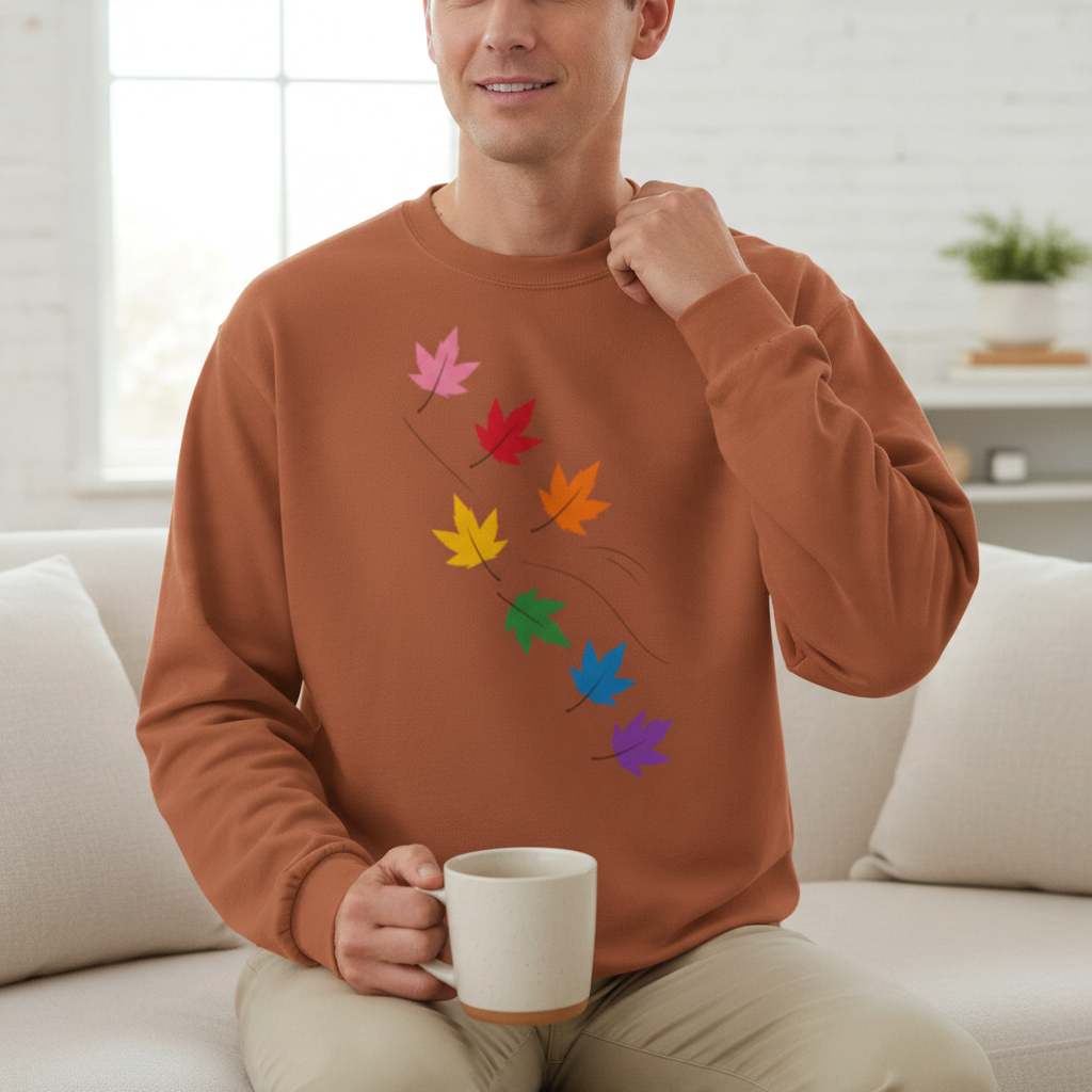 Flaunt It heavyweight cotton long sleeve shirt in rust orange with a diagonal pride maple leaf graphic print