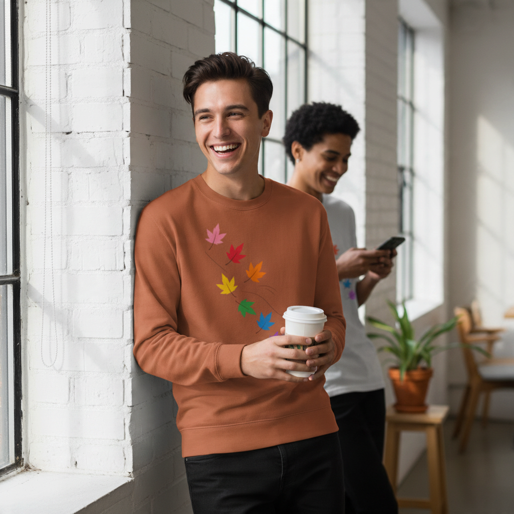 Flaunt It heavyweight long sleeve shirt in rust orange with colorful maple leaf graphic worn by a smiling man