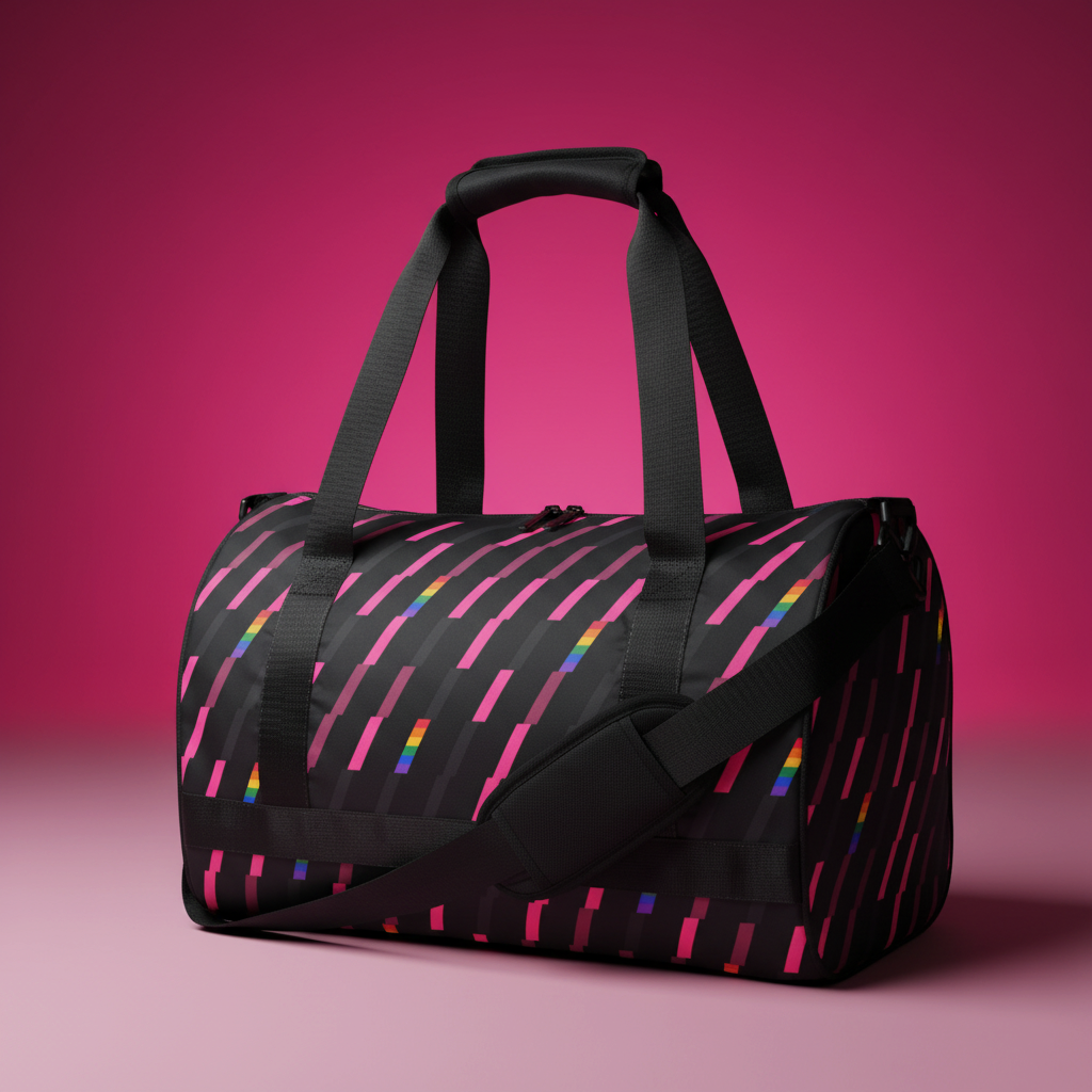Flaunt It Signature Monogram gym bag in charcoal with pink diagonal slash pattern and subtle rainbow spectrum stripes.