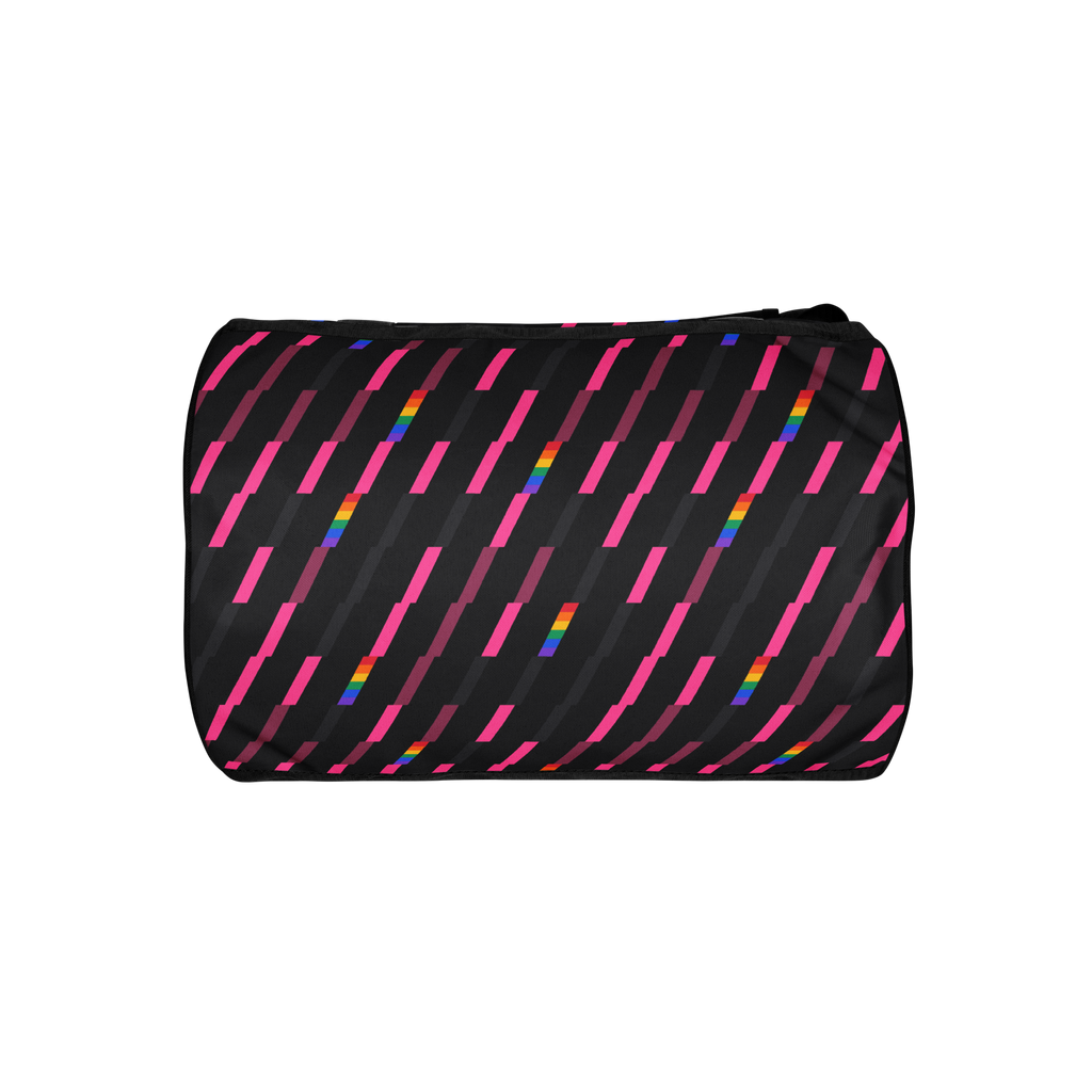 Flaunt It Signature Monogram gym bag in charcoal with pink and rose diagonal slash pattern and rainbow stripe details.