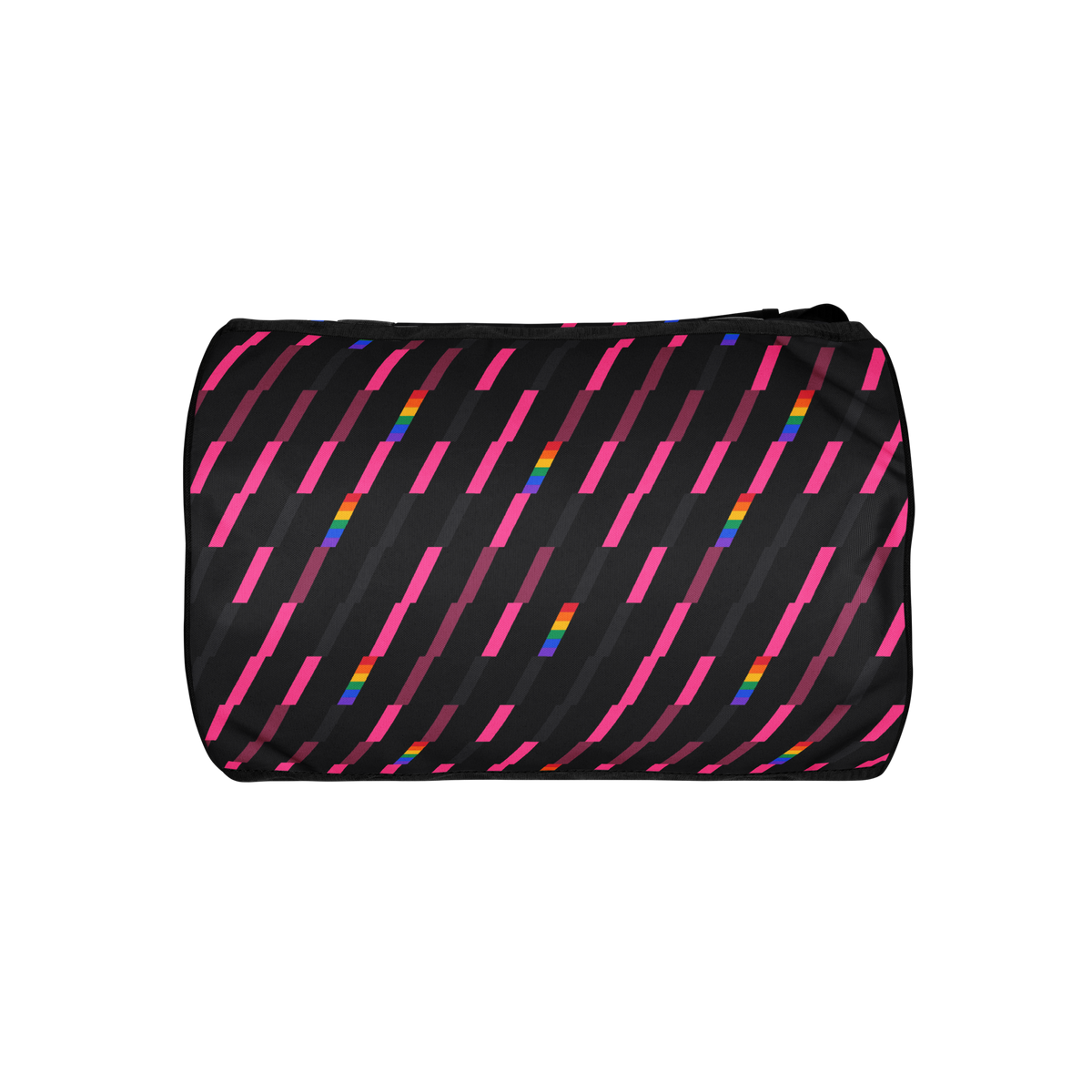 Flaunt It Signature Monogram gym bag in charcoal with pink and rose diagonal slash pattern and rainbow stripe details.