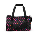 Flaunt It Signature Monogram gym bag in charcoal with pink and rainbow diagonal slash pattern and padded handles.