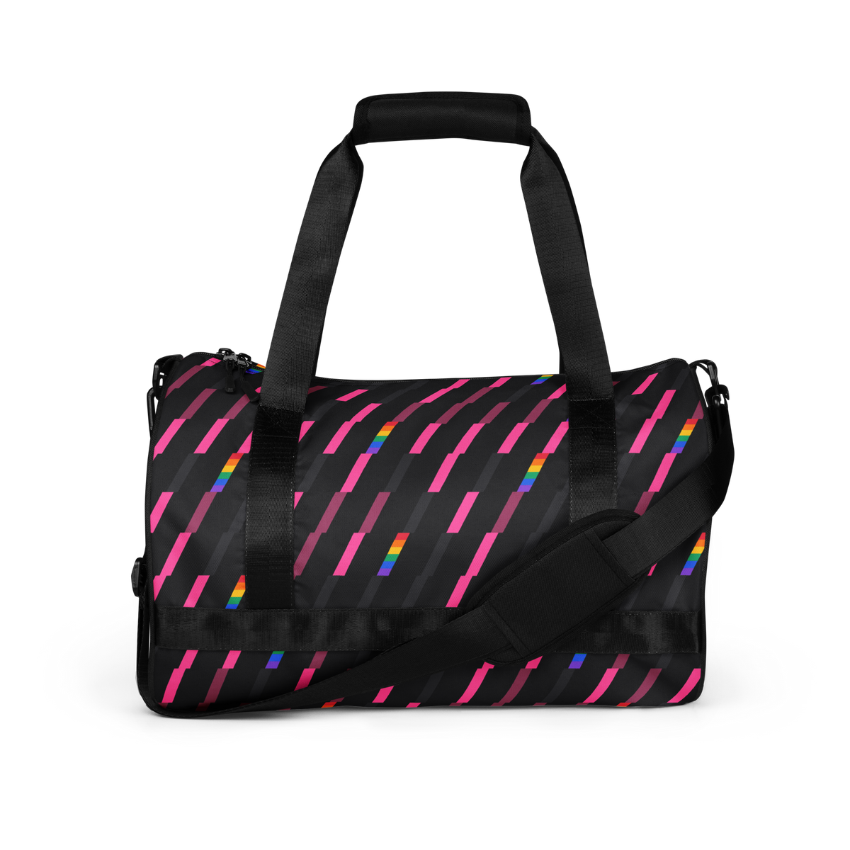Flaunt It Signature Monogram gym bag in charcoal with pink and rainbow diagonal slash pattern and padded handles.