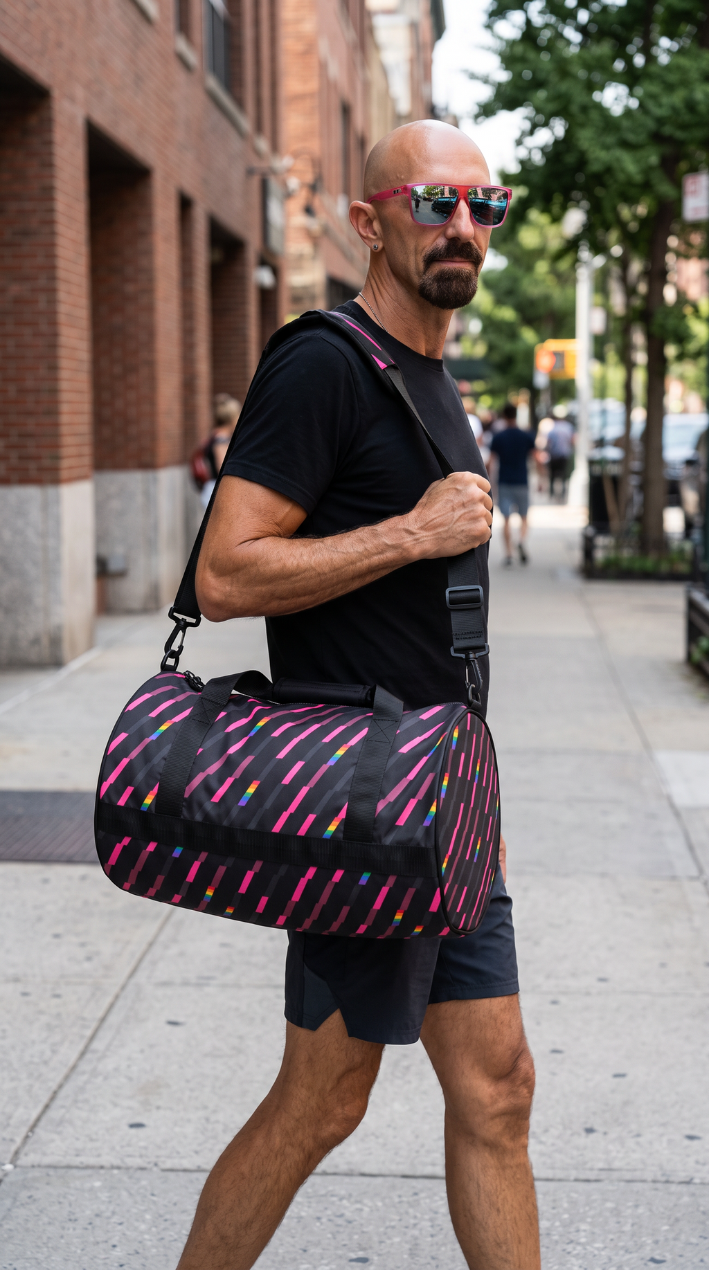 Flaunt It Signature Monogram gym bag in charcoal with pink diagonal slash pattern and rainbow stripe details
