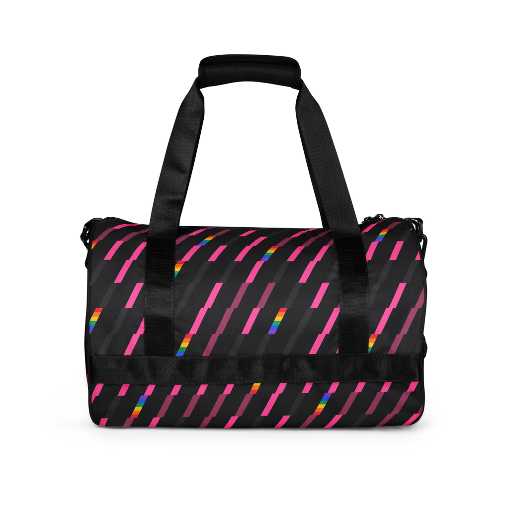 Flaunt It Signature Monogram gym bag in charcoal with pink and rainbow diagonal slash pattern and padded handles.