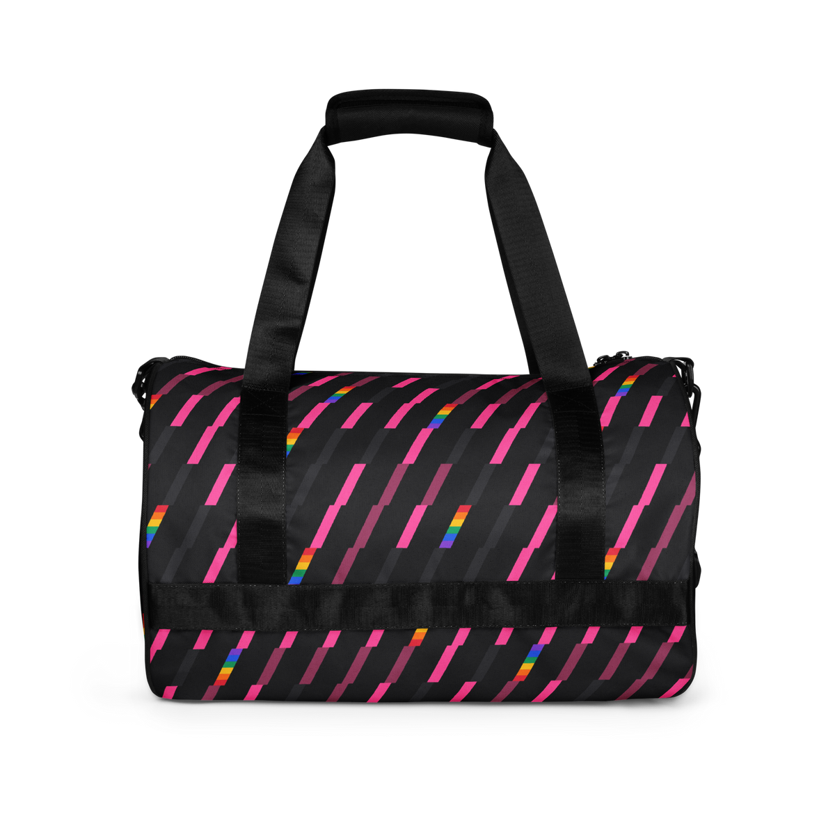Flaunt It Signature Monogram gym bag in charcoal with pink and rainbow diagonal slash pattern and padded handles.