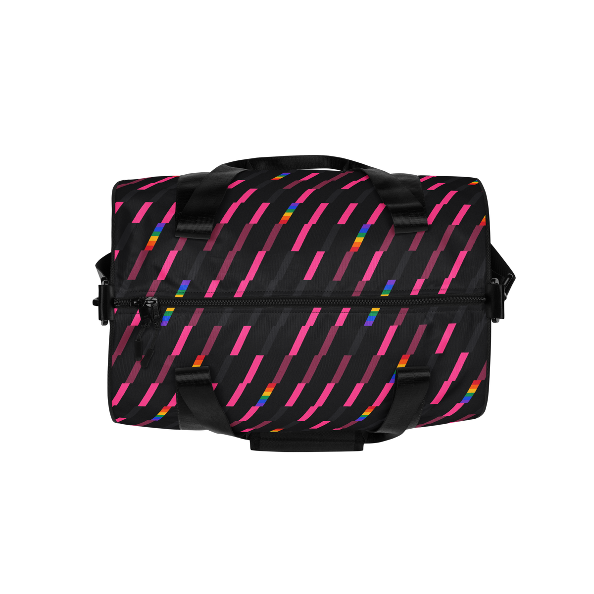 Flaunt It gym bag in charcoal with pink and rainbow diagonal monogram pattern, featuring padded handles and zipper.