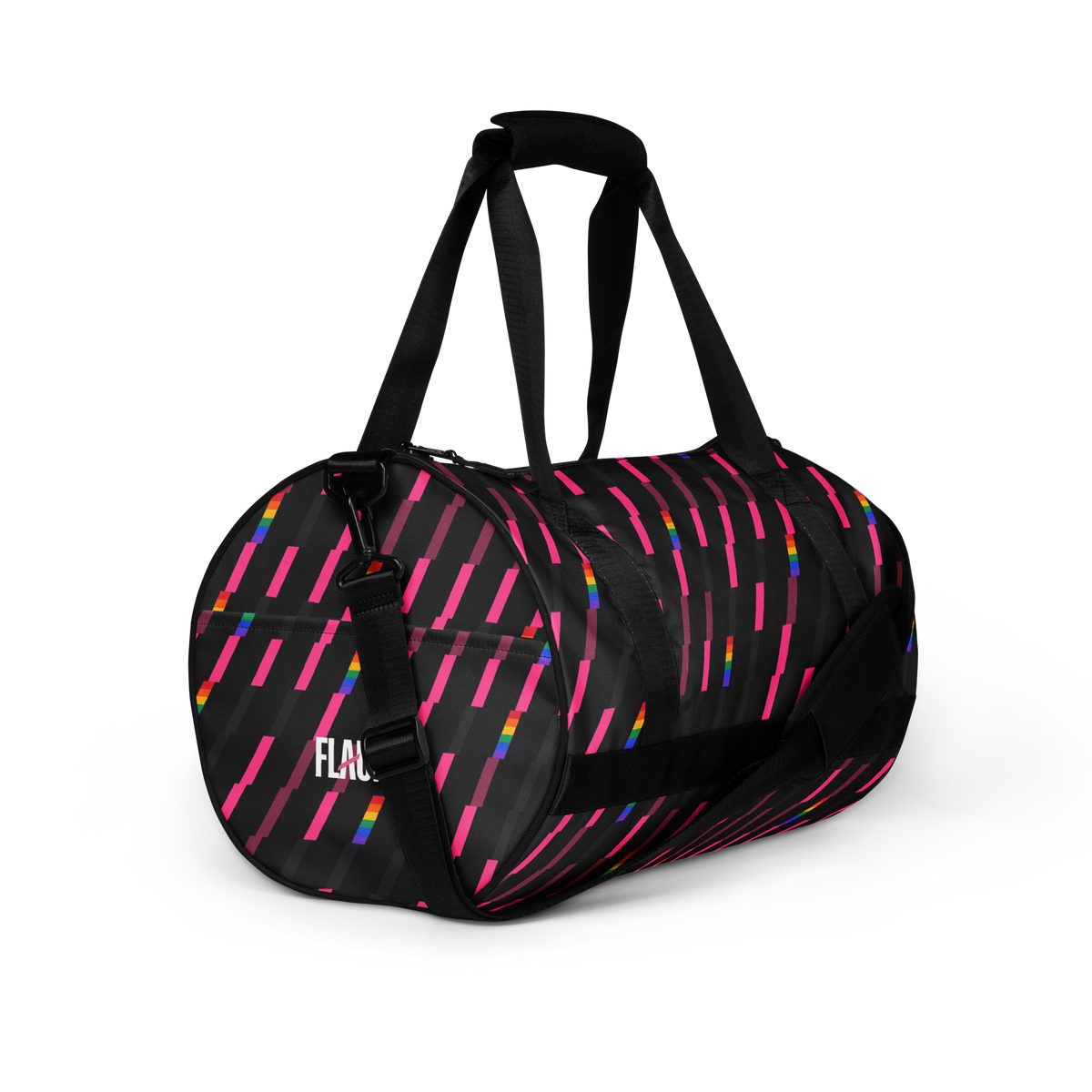 Flaunt It Signature Monogram gym bag in charcoal with pink and rainbow stripe pattern, featuring padded handles.