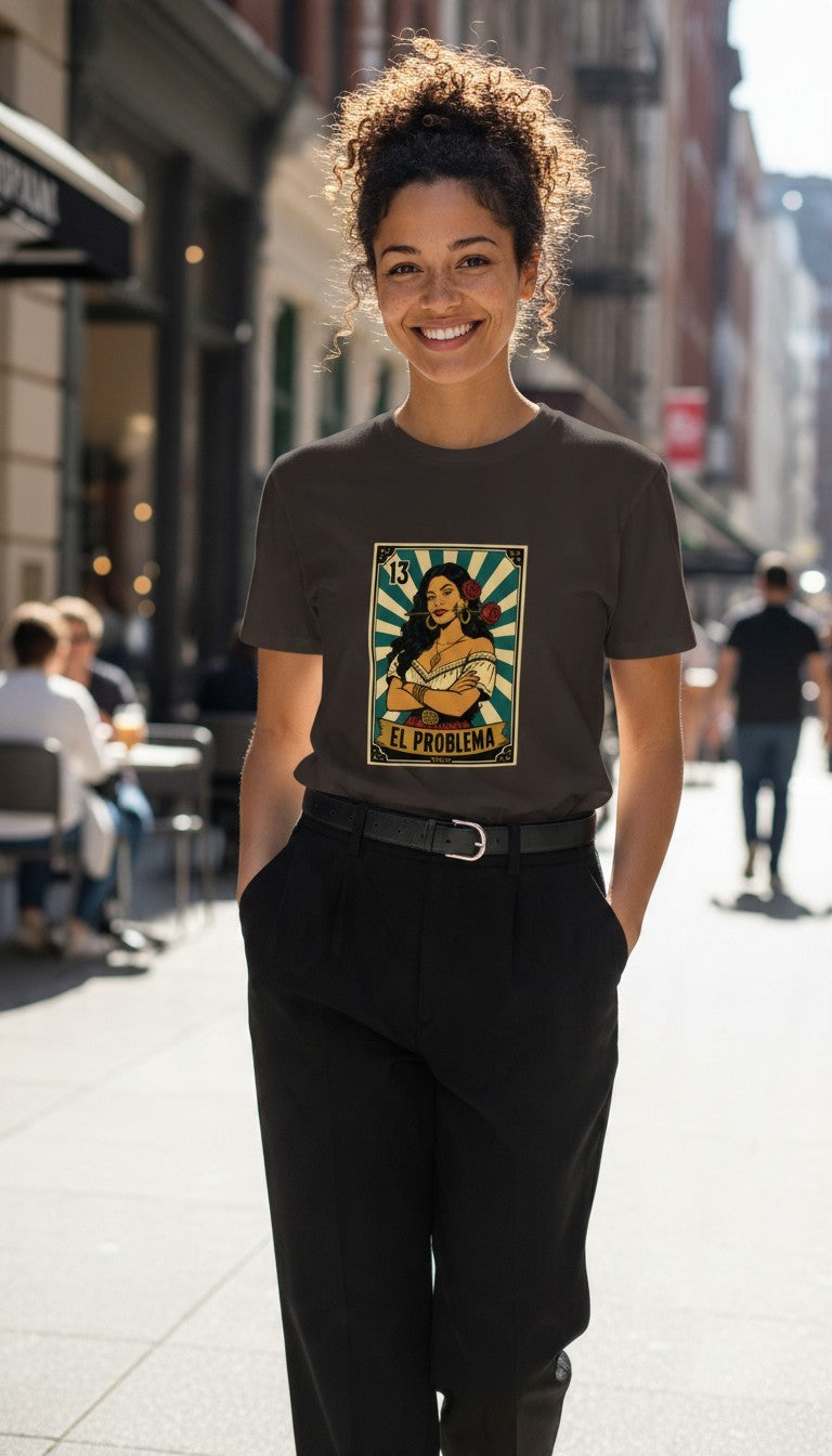 A smiling woman in a coal El Problema premium unisex T-shirt with a vintage loteria card design of a woman with roses, EL PROBLEMA text and number 13, strutting confidently down a sunny city street in three-quarter view.