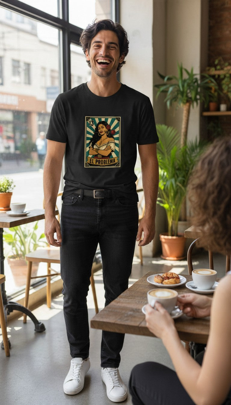 A smiling man in a navy El Problema premium unisex T-shirt with a vintage loteria card design of a woman with roses, EL PROBLEMA text and number 13, laughing with a friend over coffee at a cozy cafe.
