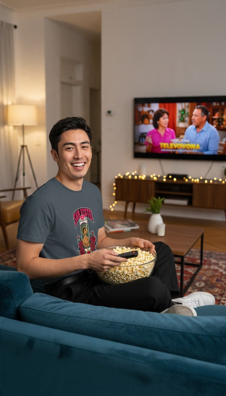 A smiling man sitting on a couch holding a bowl of popcorn while watching a dramatic telenovela on television, wearing a petrol blue San Visto premium unisex T-shirt with a devotional prayer-candle illustration of a male saint, pink SAN VISTO headline, red roses and a sacred heart.