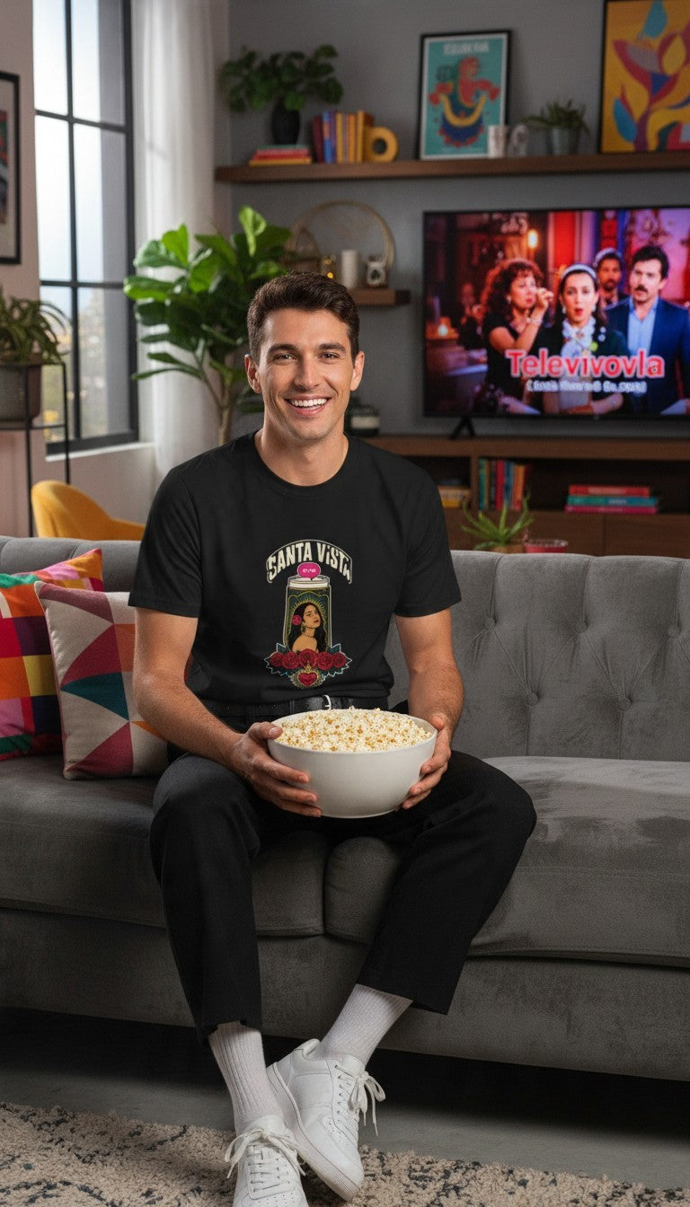 A smiling man sitting on a couch holding a bowl of popcorn while watching a dramatic telenovela on television, wearing a black Santa Vista premium unisex T-shirt with a devotional prayer-candle illustration of a female saint, cream SANTA VISTA headline, pink typing bubble, red roses and a sacred heart.