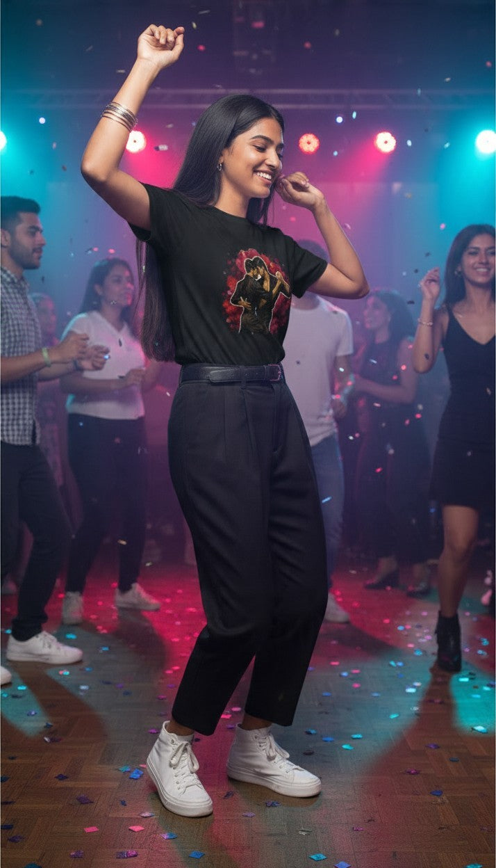 A smiling woman in a navy Una Cancion Mas premium unisex T-shirt with a watercolor illustration of two women slow dancing against a magenta splash, dancing joyfully at a fun dance party with friends and colorful lights.