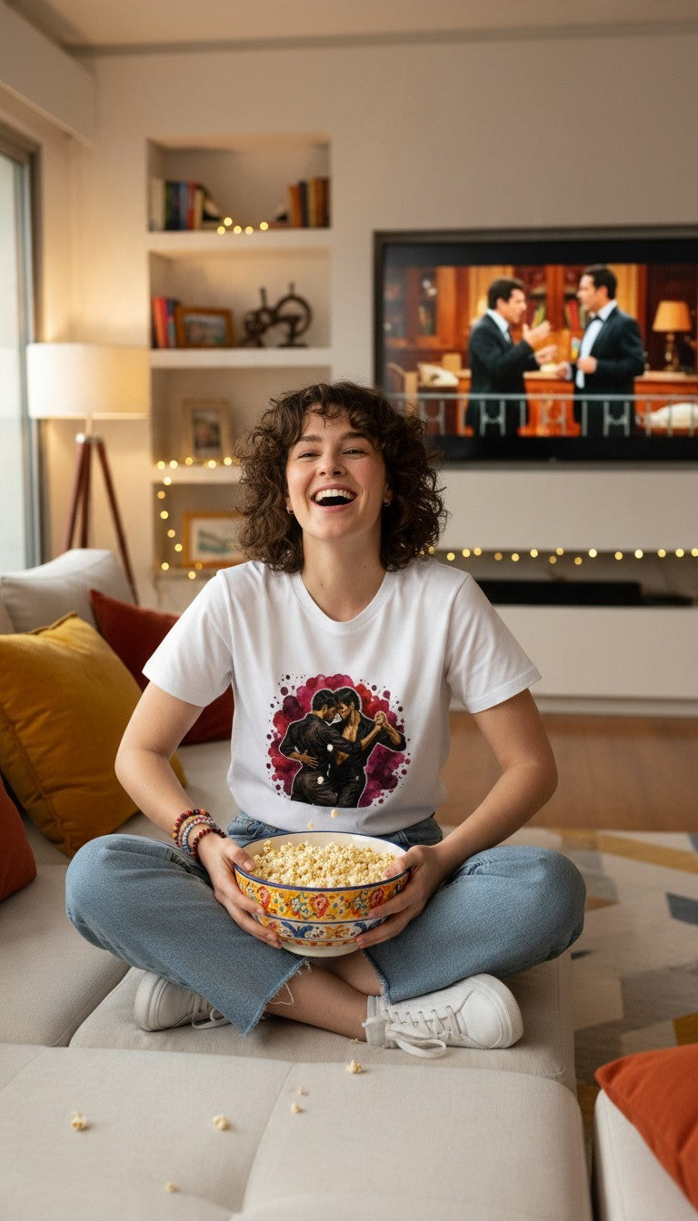 A smiling woman in a white Una Cancion Mas premium unisex T-shirt with a watercolor illustration of two women slow dancing against a magenta splash, sitting on a couch holding a bowl of popcorn while watching a dramatic telenovela on television.
