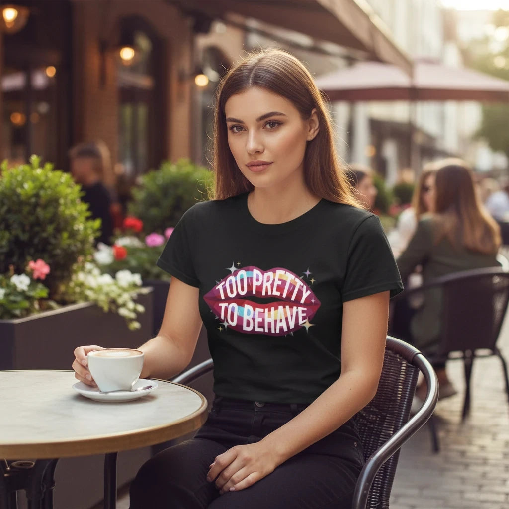 Flaunt It black unisex crew neck t-shirt with Too Pretty to Behave graphic, worn by a woman at an outdoor cafe.