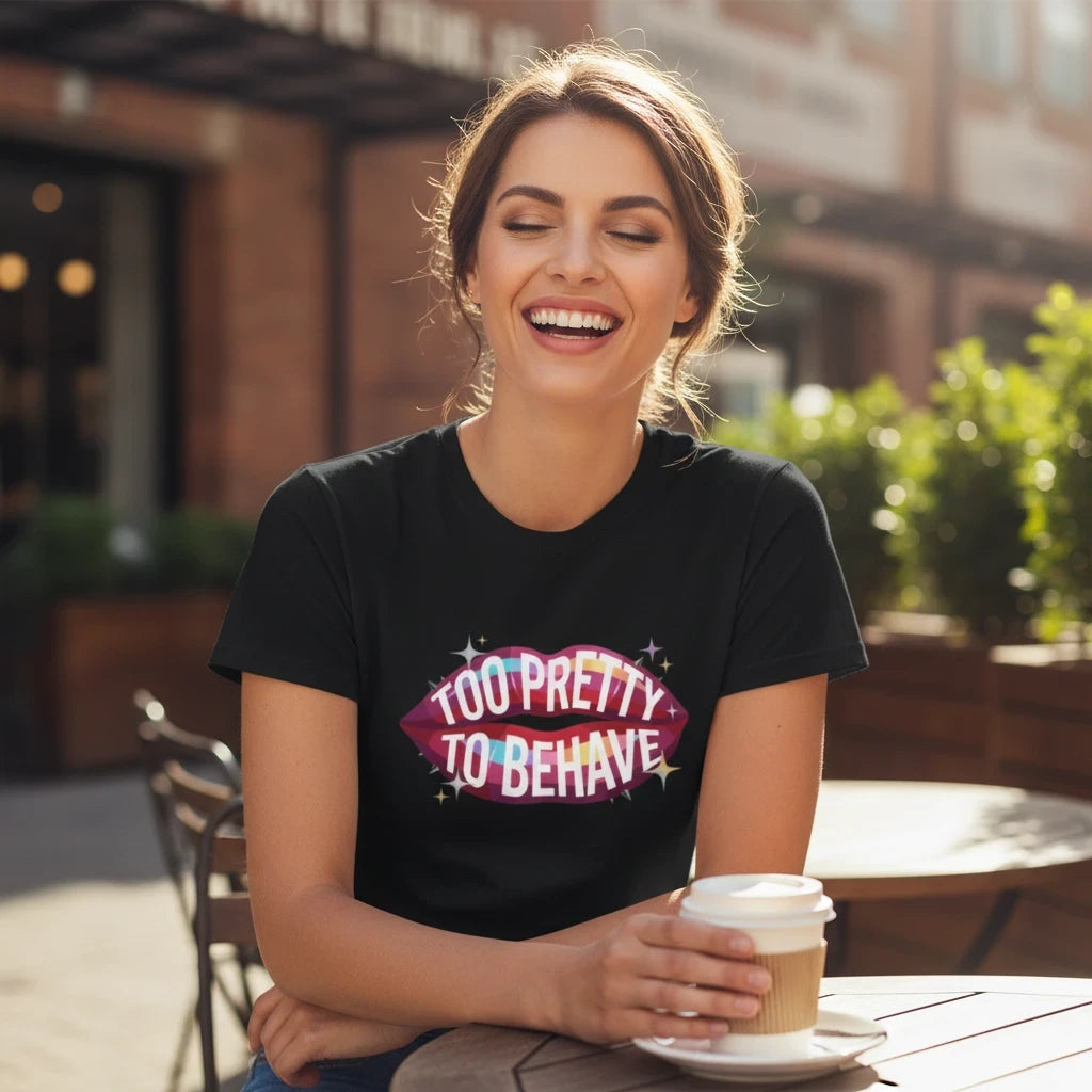 Flaunt It black crew neck t-shirt featuring a Too Pretty to Behave lip graphic worn by a smiling woman outdoors.