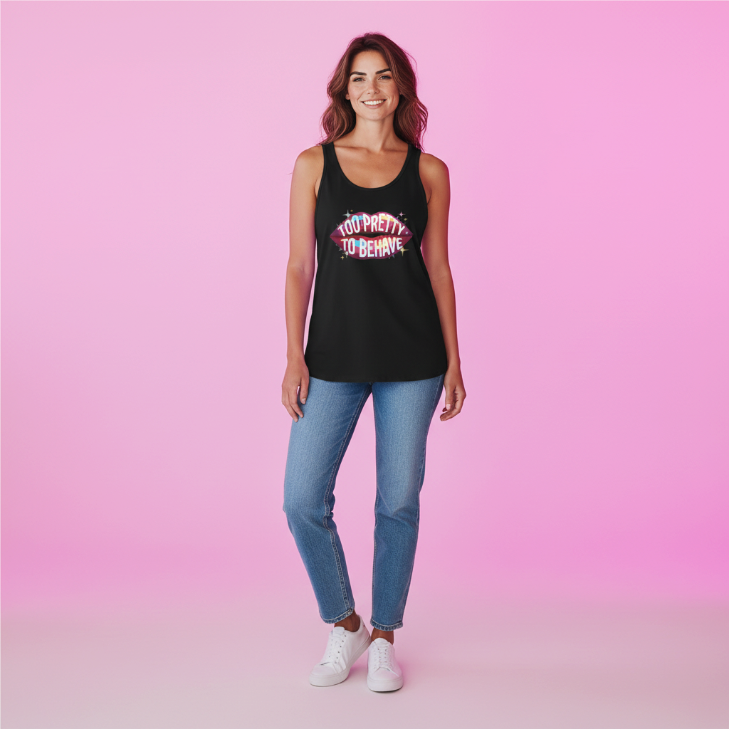 Flaunt It black unisex tank top with Too Pretty to Behave graphic on a smiling woman wearing blue jeans and sneakers