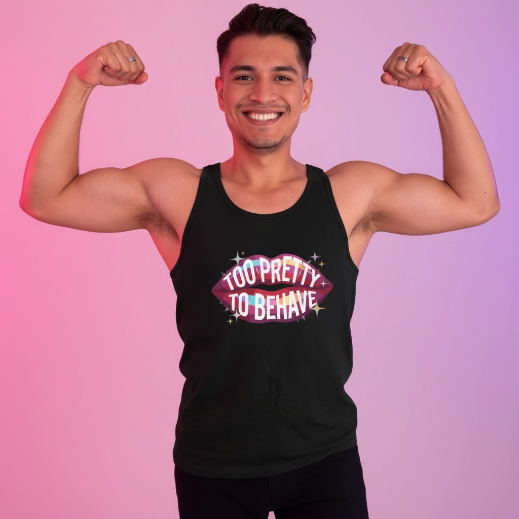 Flaunt It black cotton tank top with Too Pretty to Behave graphic on a smiling man flexing muscles in pink lighting