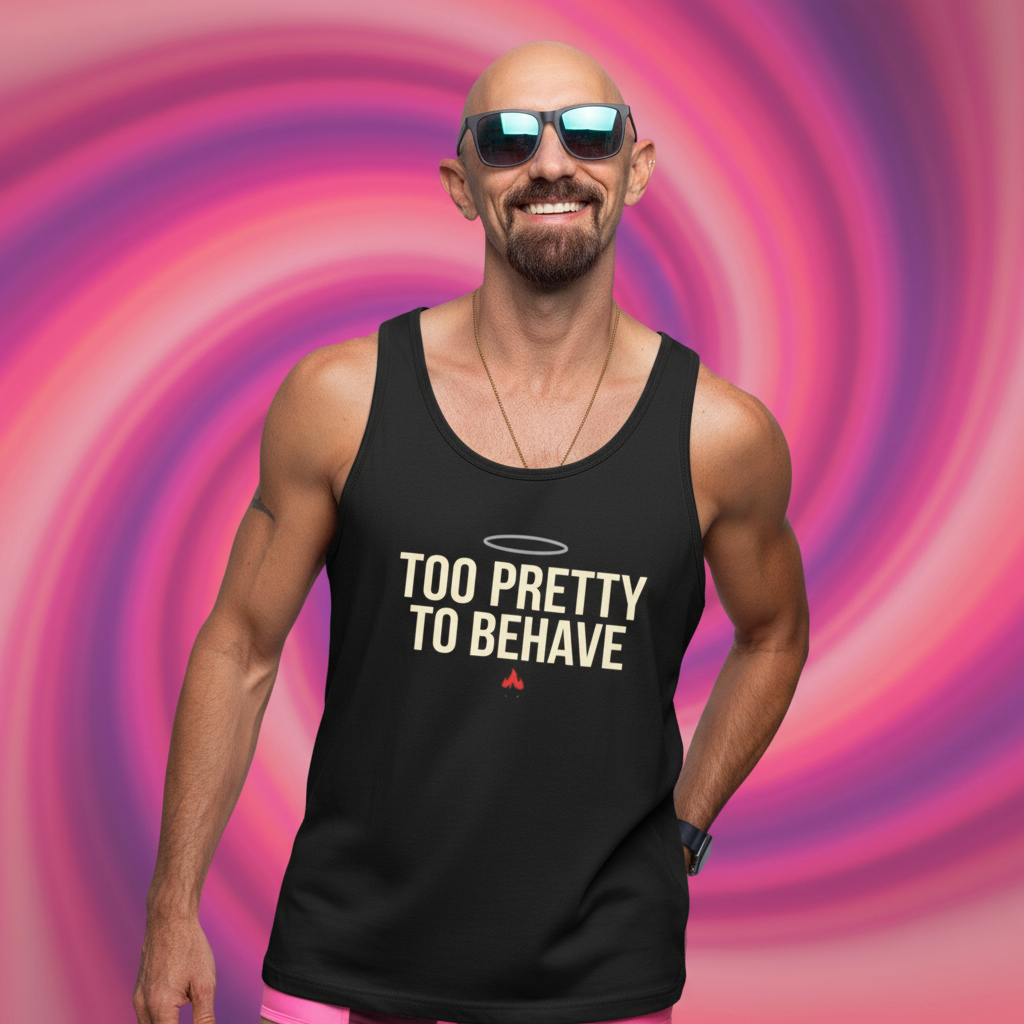 Flaunt It unisex black cotton tank top with Too Pretty to Behave graphic worn by a smiling man in sunglasses