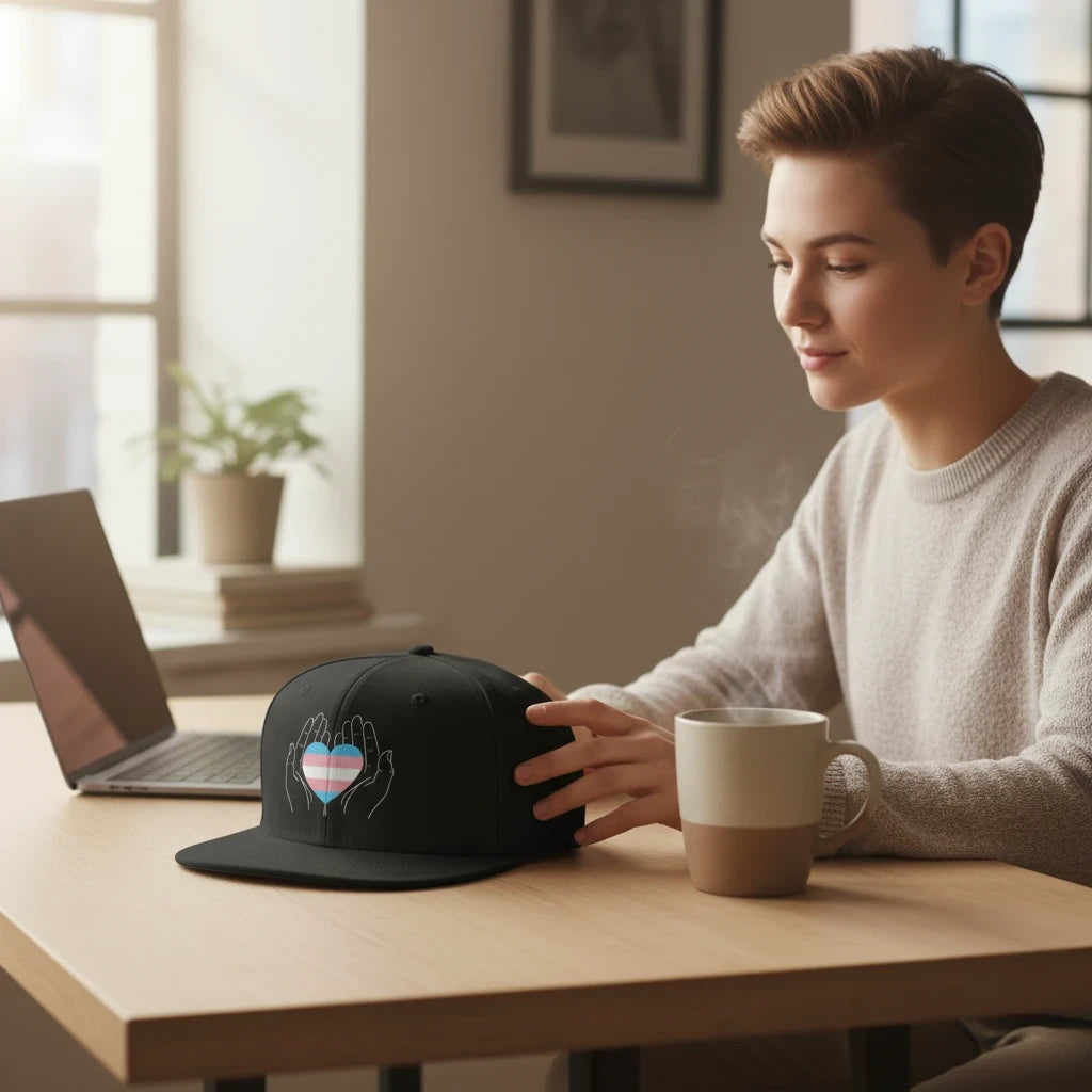 Flaunt It snapback cap featuring hands holding a trans pride heart, worn by a person at a desk with a laptop and mug.