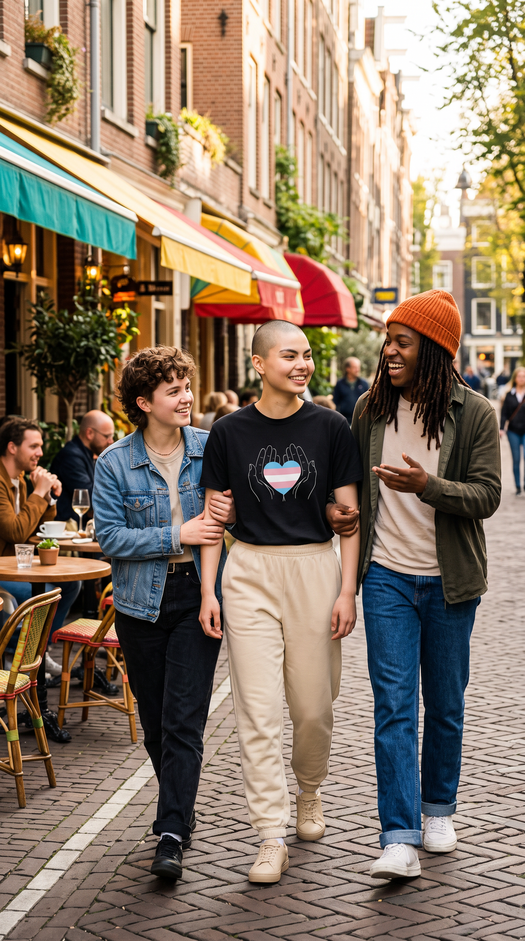 Flaunt It unisex cap featuring a trans-pride heart held by hands, worn by a person walking with friends in a city.