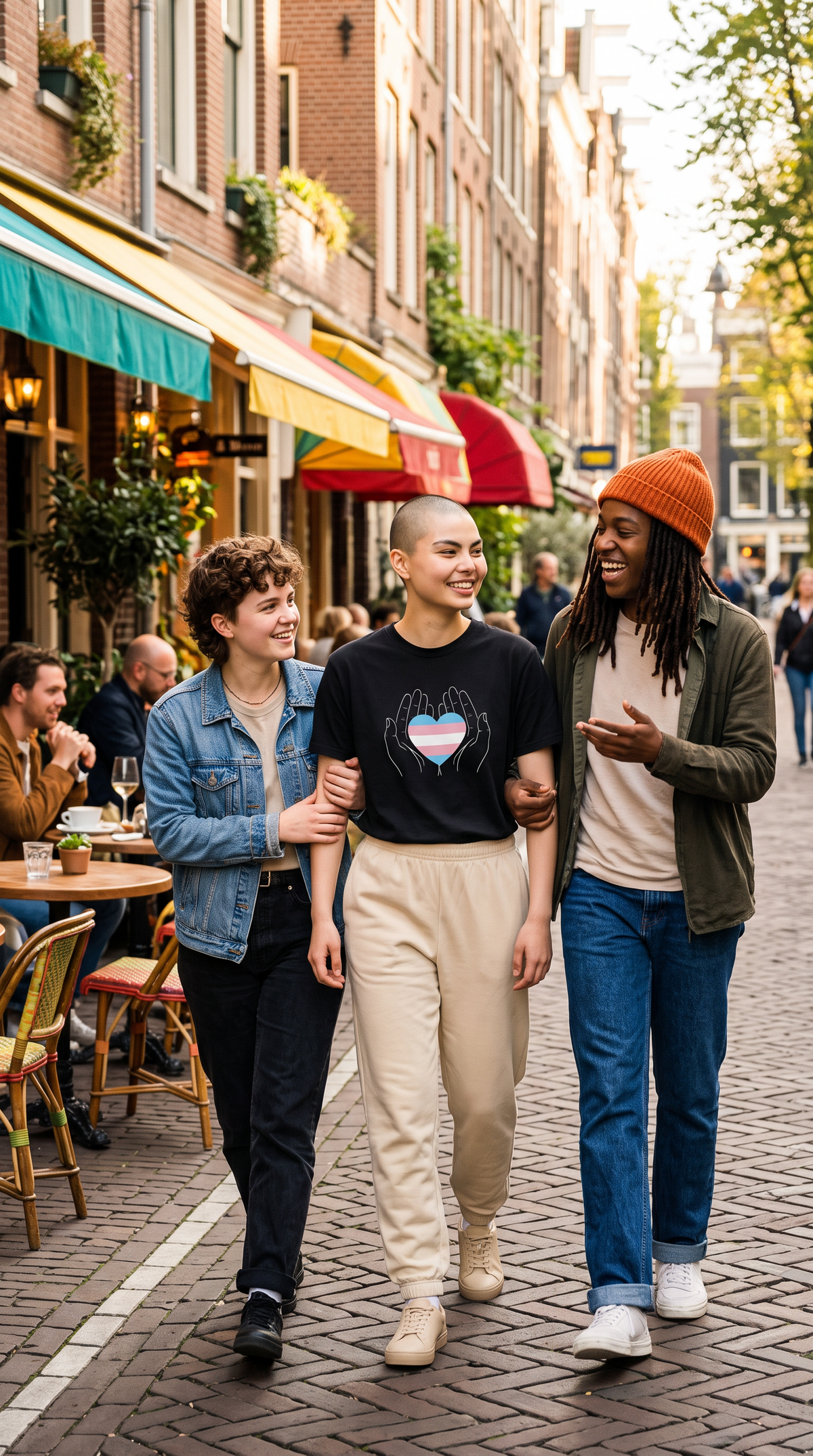 Flaunt It unisex cap featuring a trans-pride heart held by hands, worn by a person walking with friends in a city.