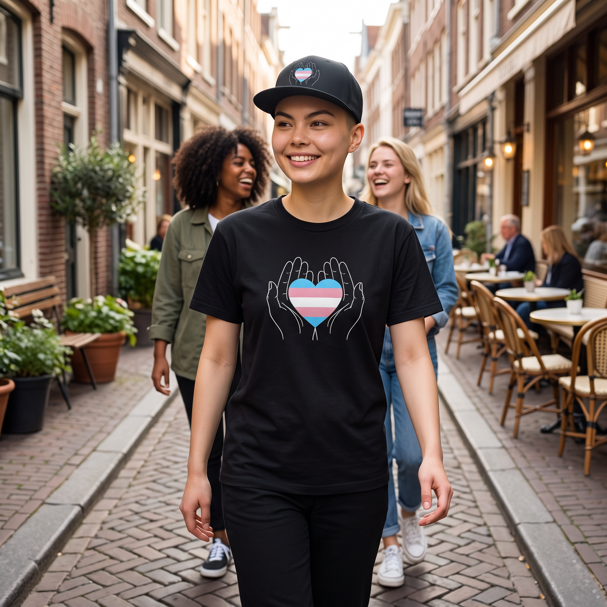 Flaunt It snapback cap featuring a trans-pride heart held by hands, worn by a smiling person on a city street.