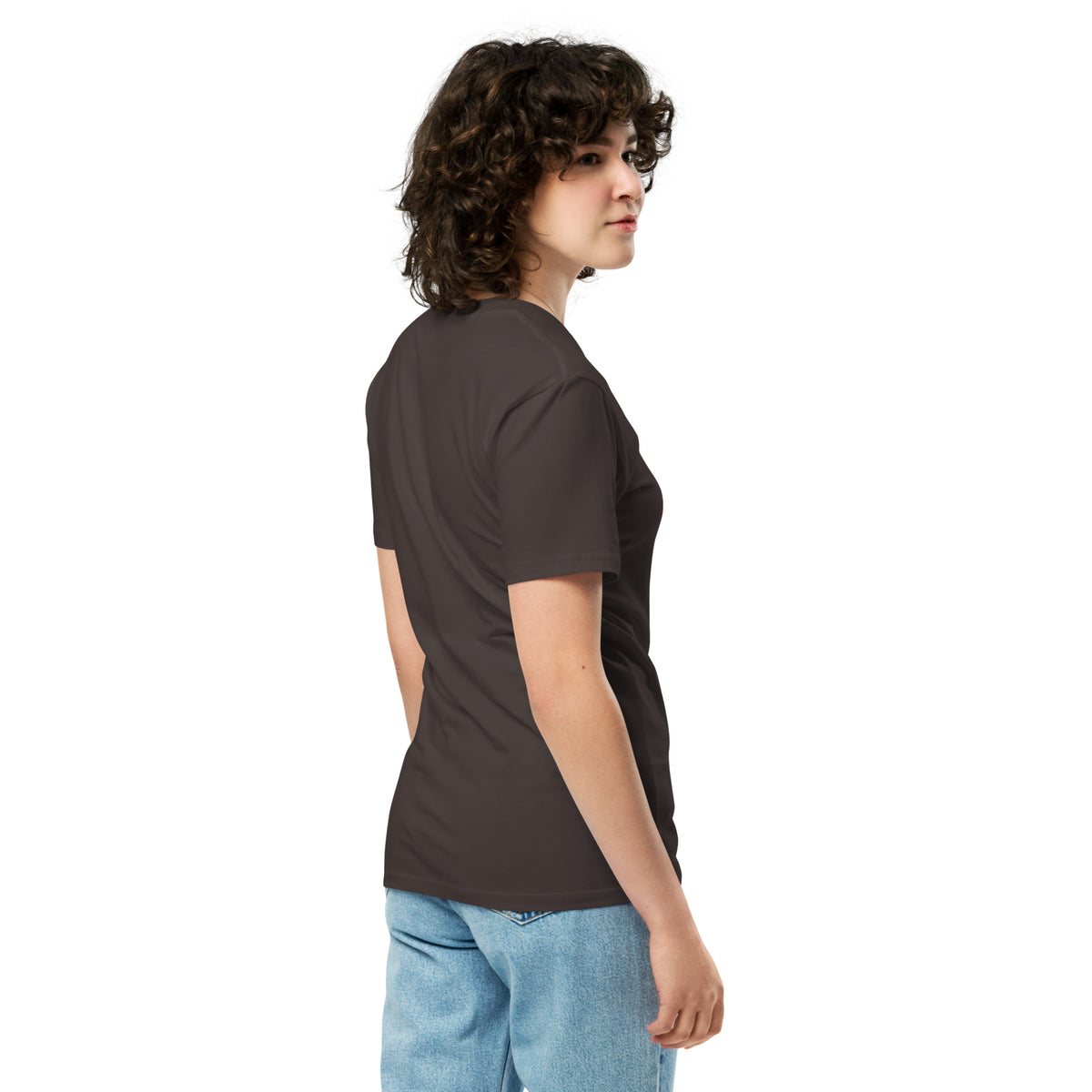 Right side view of a model wearing a coal Una Cancion Mas premium unisex T-shirt.
