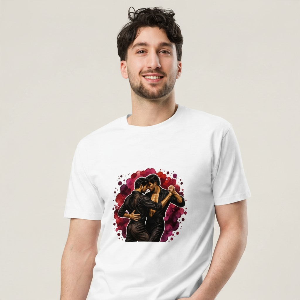 Close-up front view of a smiling man wearing a white Una Cancion Mas premium unisex T-shirt with a watercolor illustration of two women slow dancing against a magenta splash.