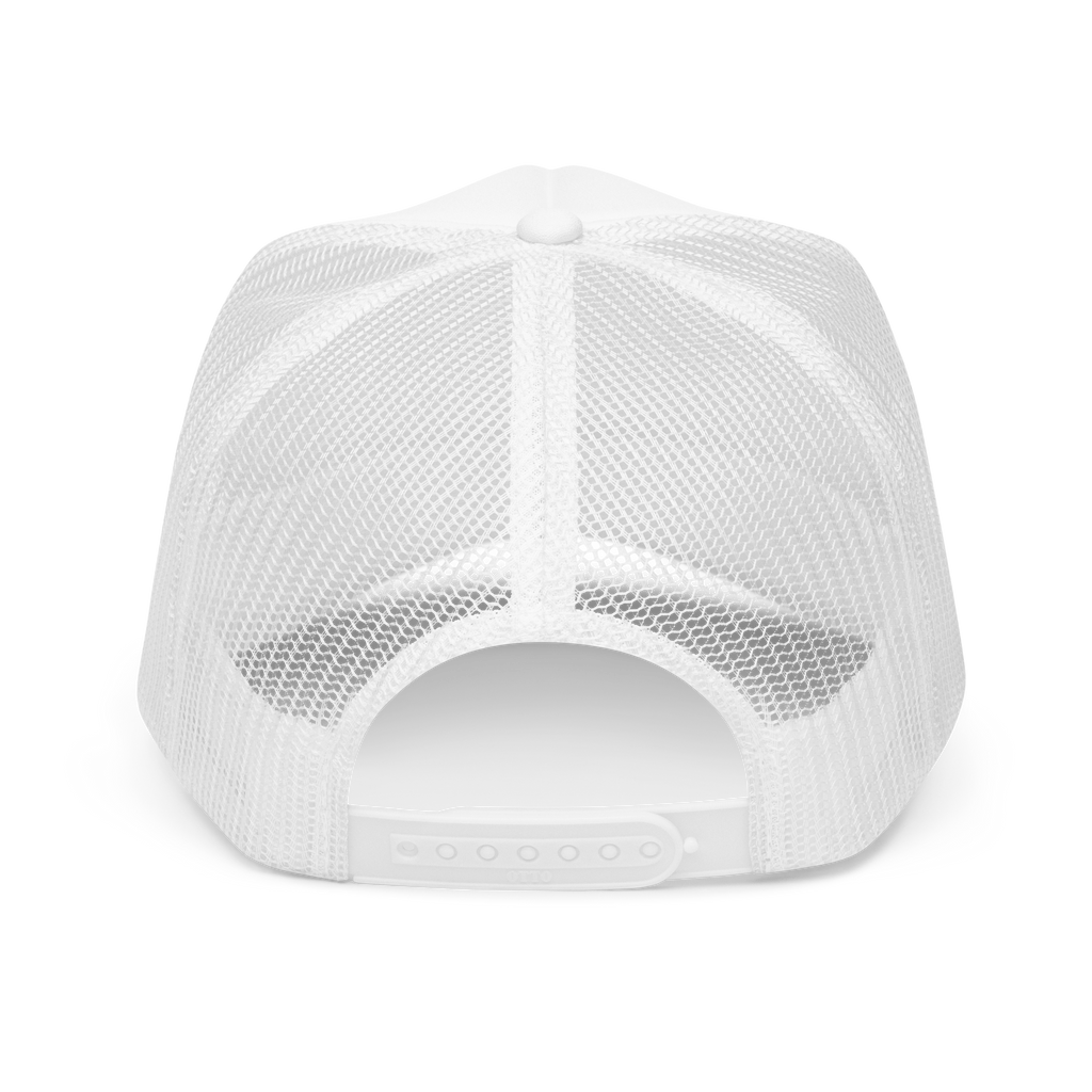 Back view of a white Flaunt It unisex foam trucker hat with breathable mesh panels and an adjustable plastic snap.